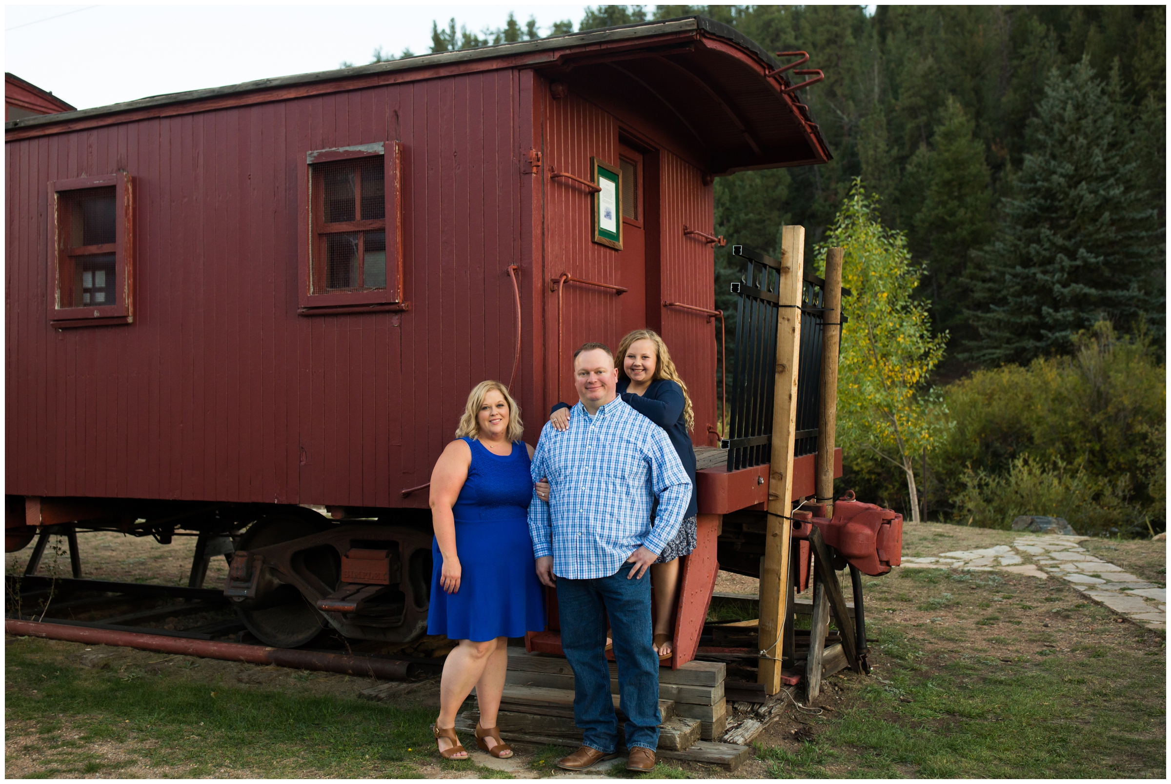 Colorado family portraits at McGraw Memorial Park Bailey with train car in background 