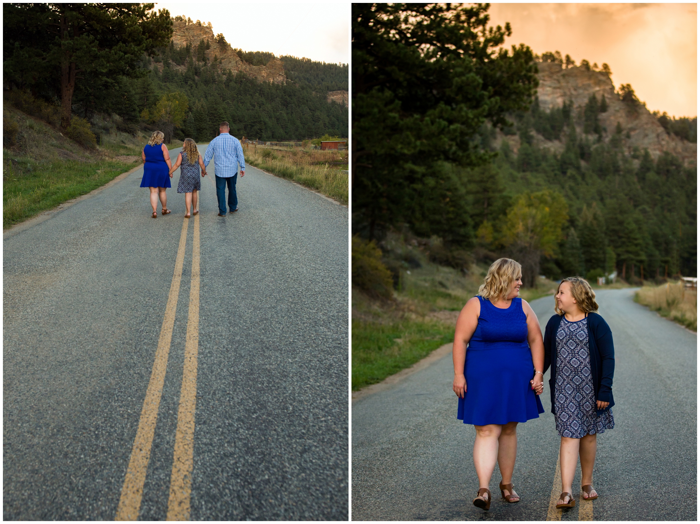 family walking along road with mountains in background at Bailey Colorado photography session 