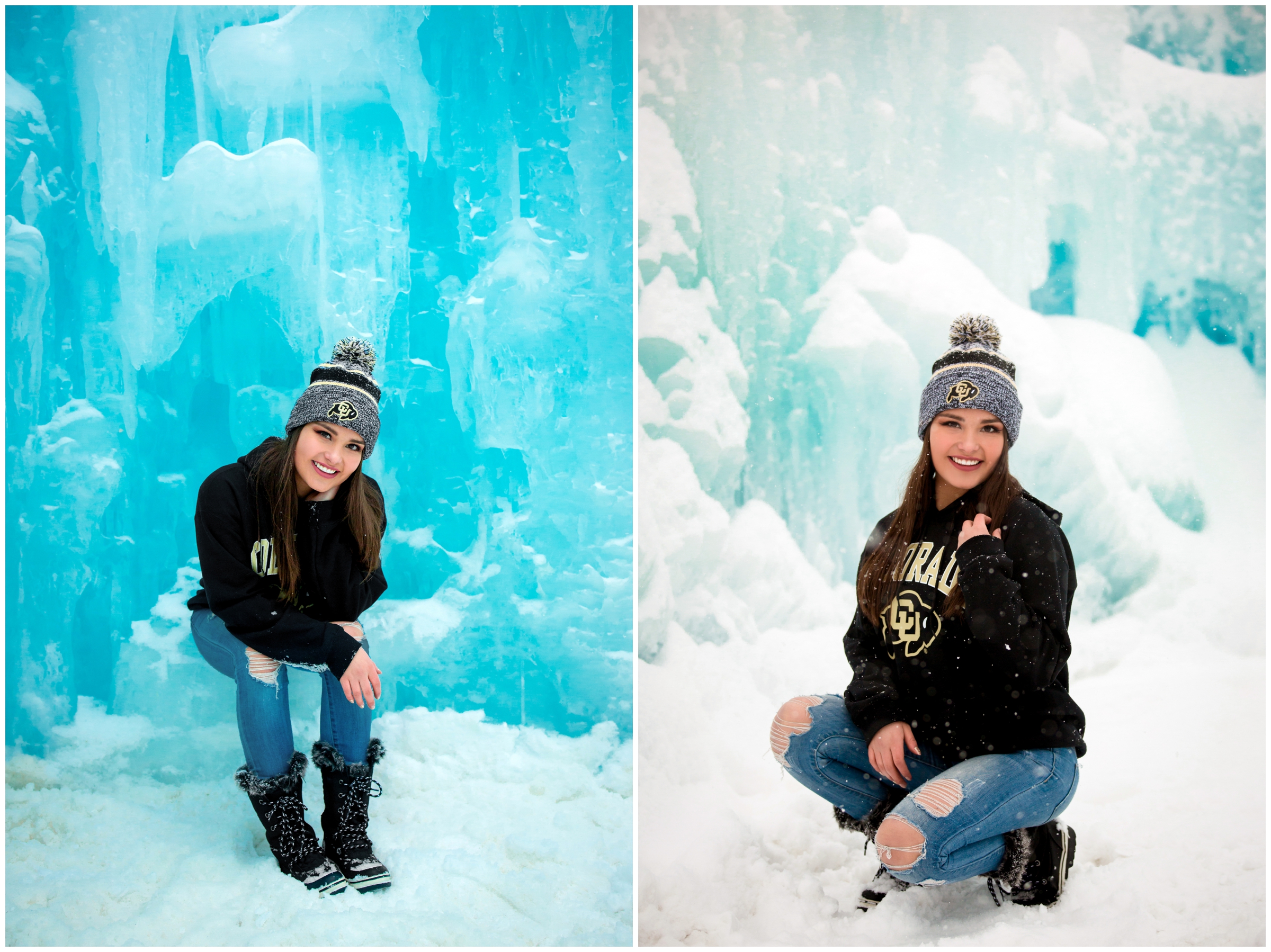 skyline high school senior girl sitting on ice at Colorado ice castles