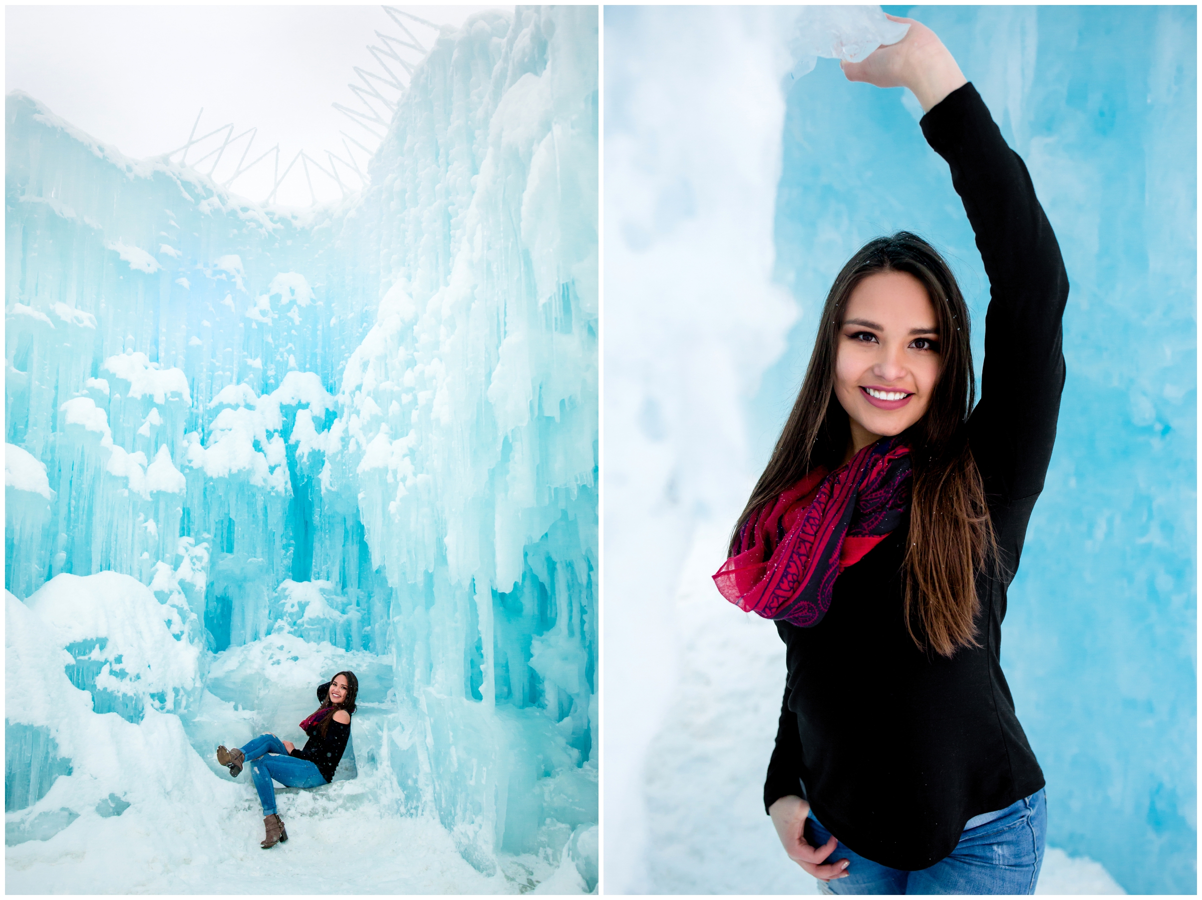 girl sitting on ice at Dillon Colorado ice castles senior pictures 