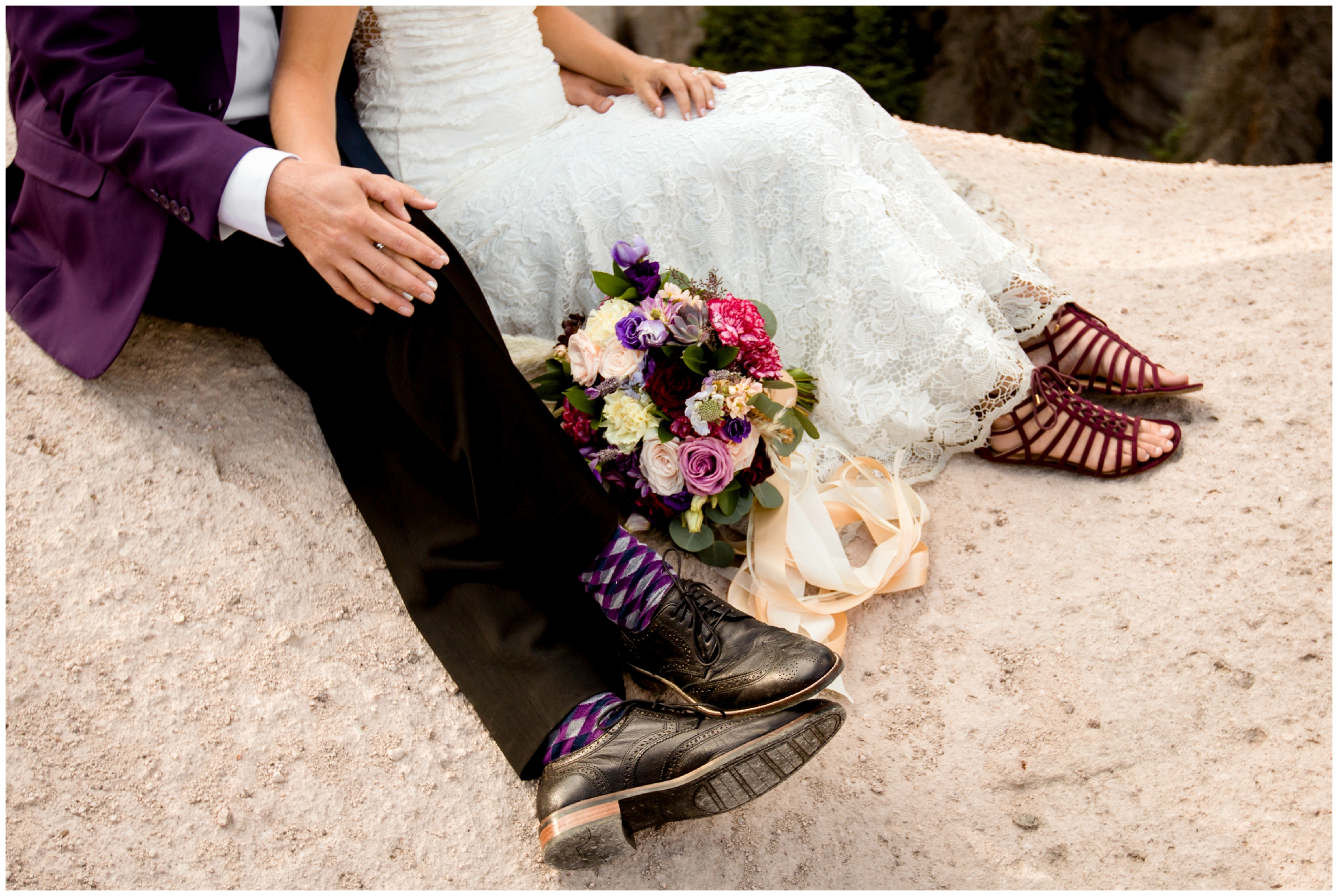 purple bridal gladiator sandals at Colorado elopement wedding 