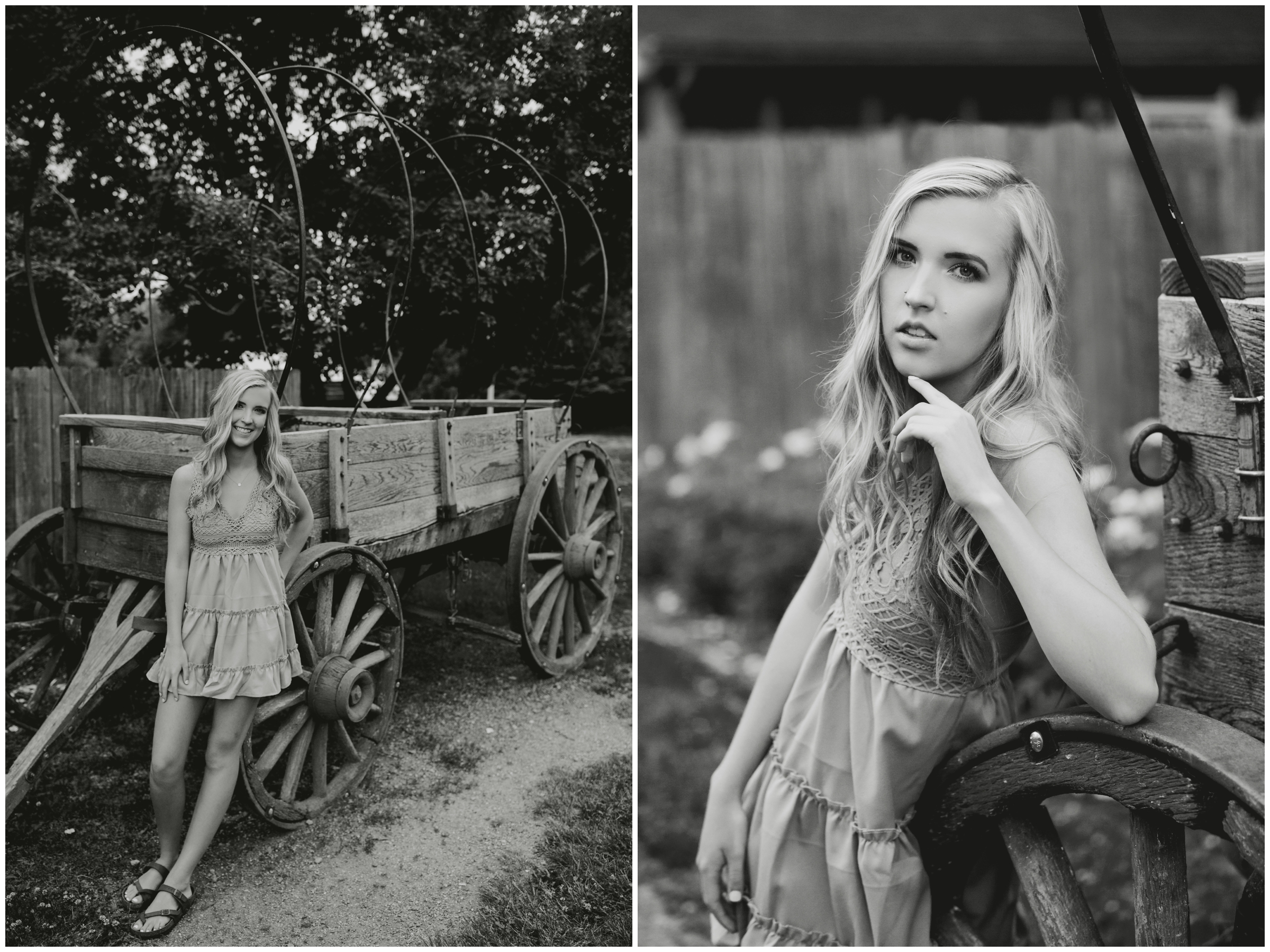 teen girl sitting on old wagon at Longmont senior photos at Old Mill Park Colorado 