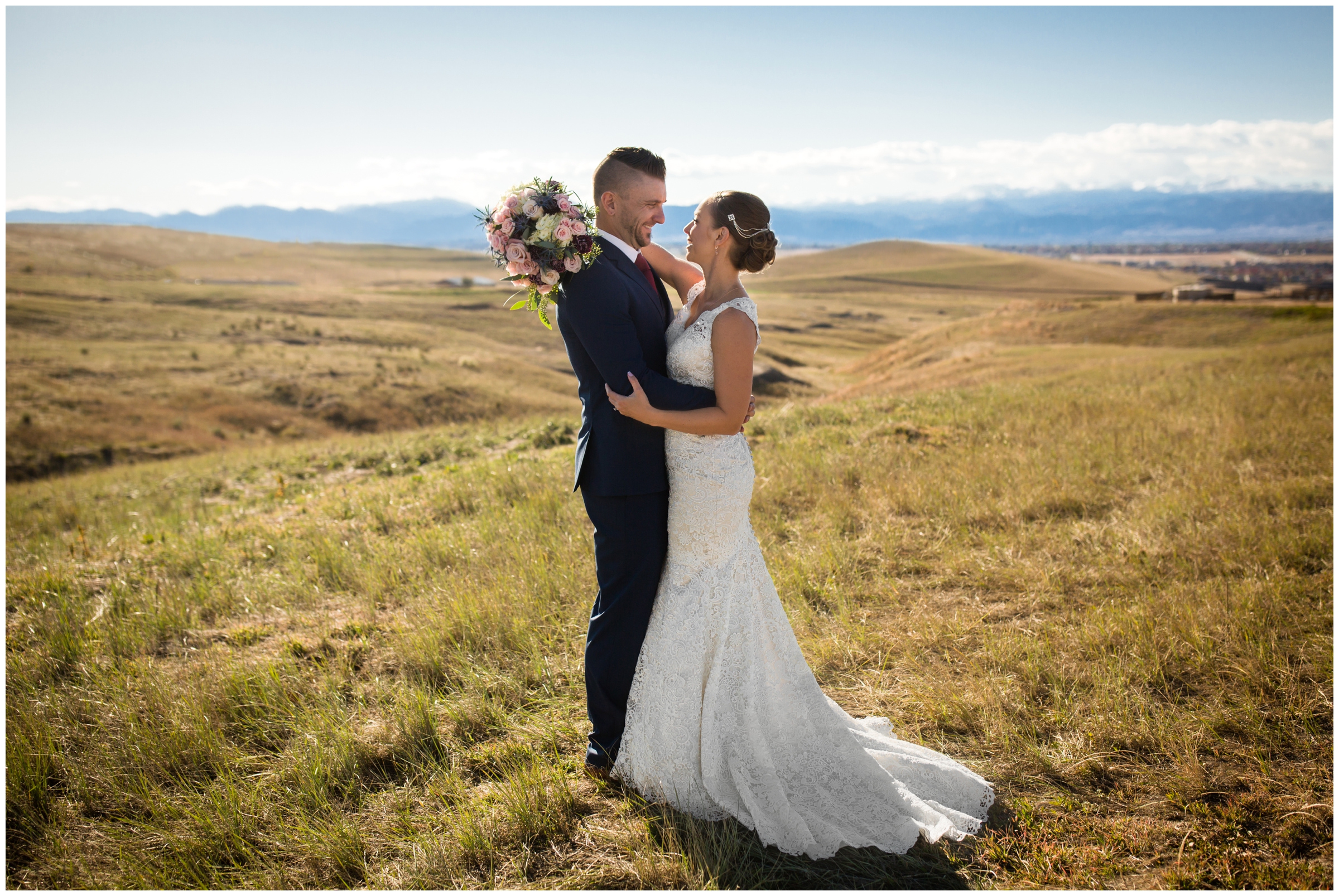 Erie Colorado wedding photos at Colliers Hill Amenity Center with mountains in background by photographer Plum Pretty Photography