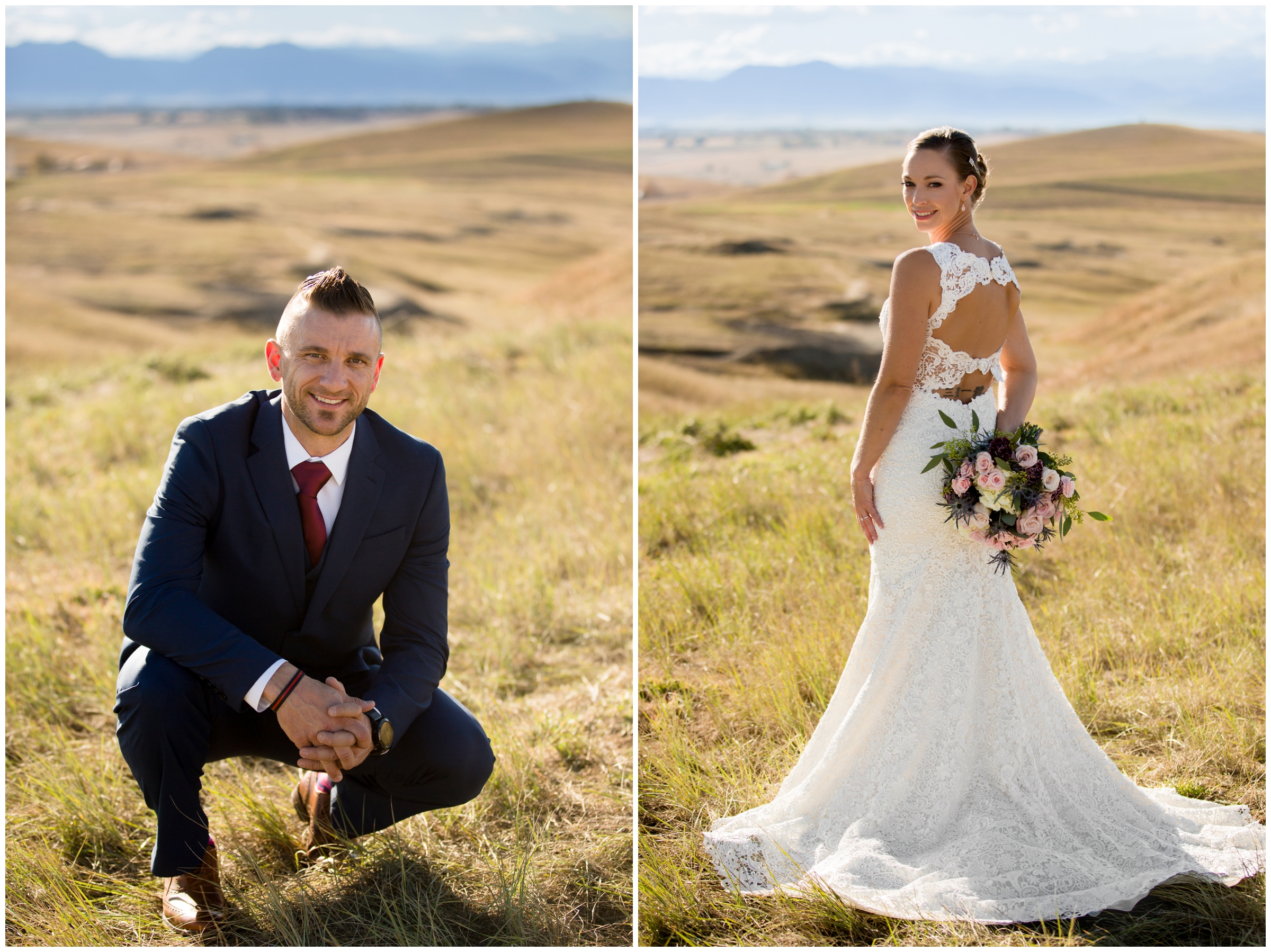 Colorado wedding portraits with Boulder flatirons in background 