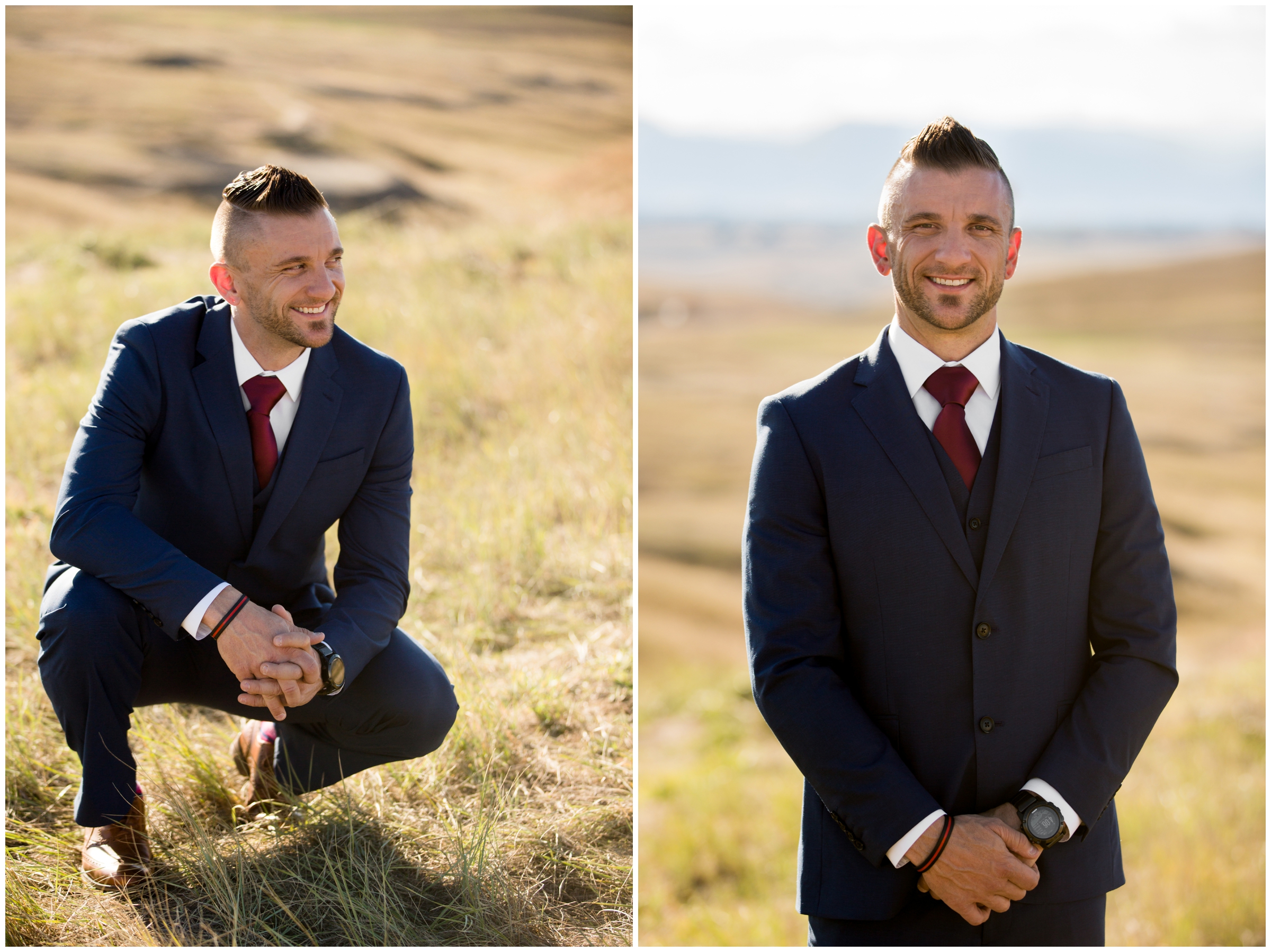 groom in maroon tie and blue suit at Colorado wedding
