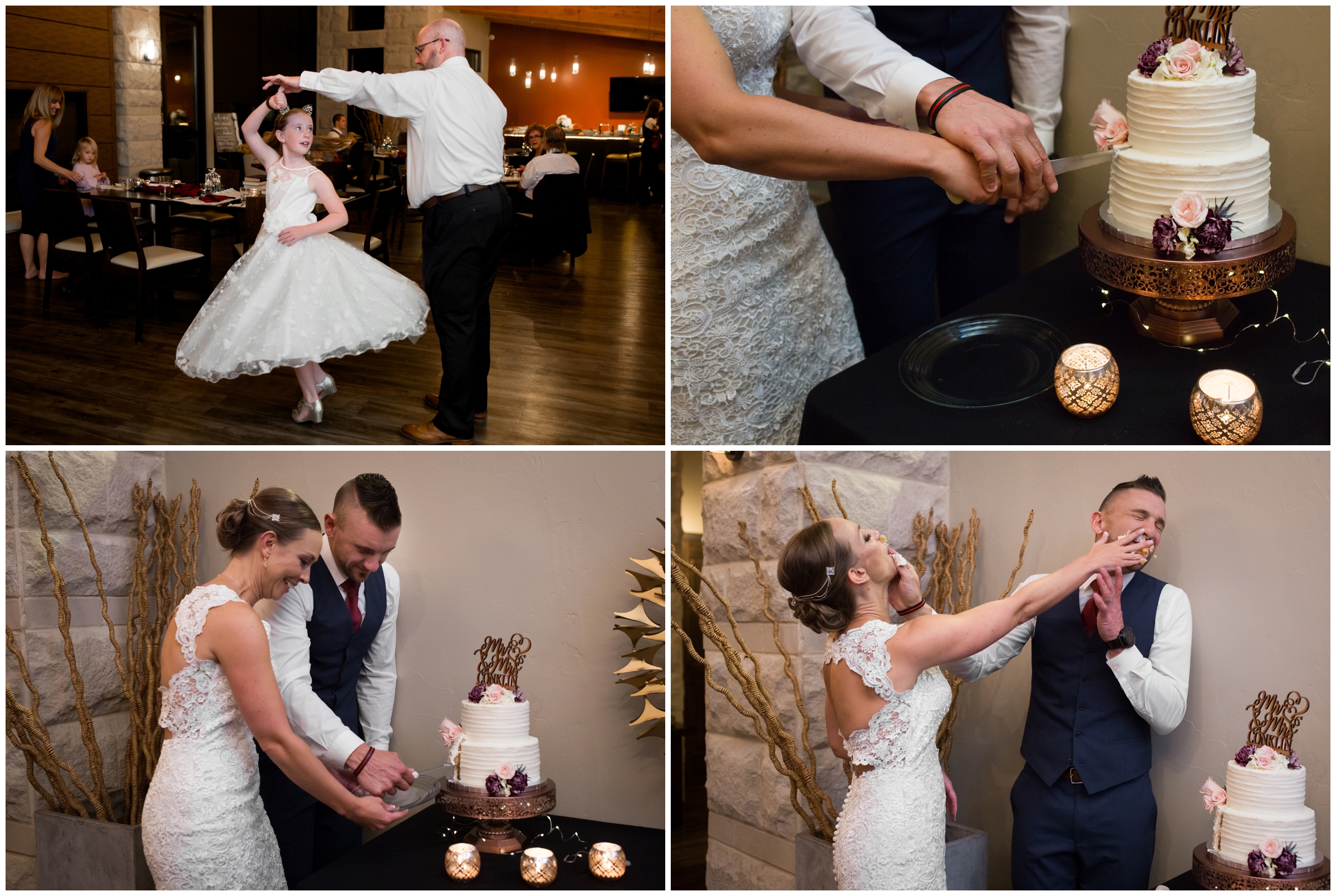 bride and groom smashing cake in faces at Colorado wedding reception 