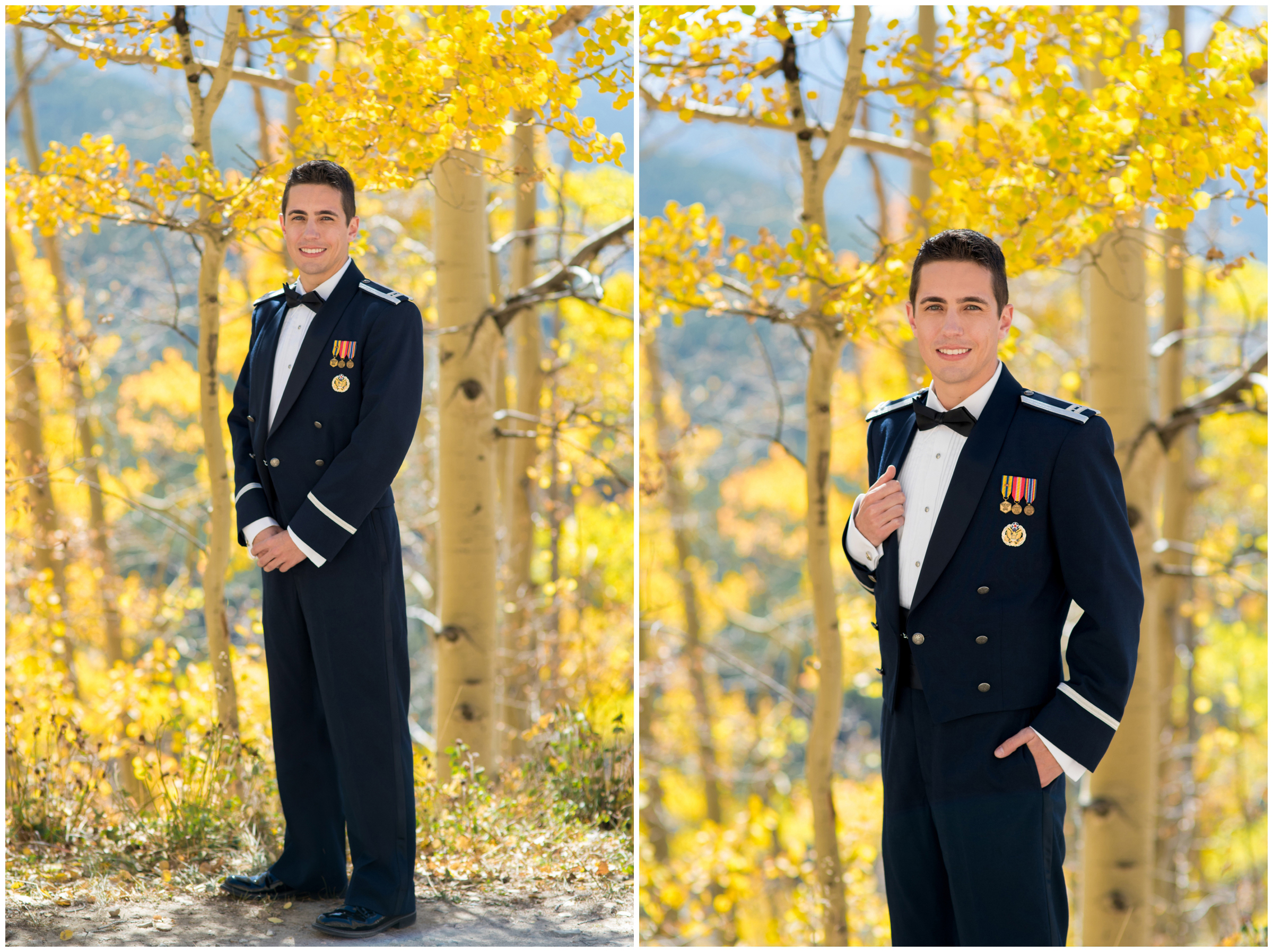 military groom in uniform with aspen trees in background at Breckenridge Colorado mountain wedding 