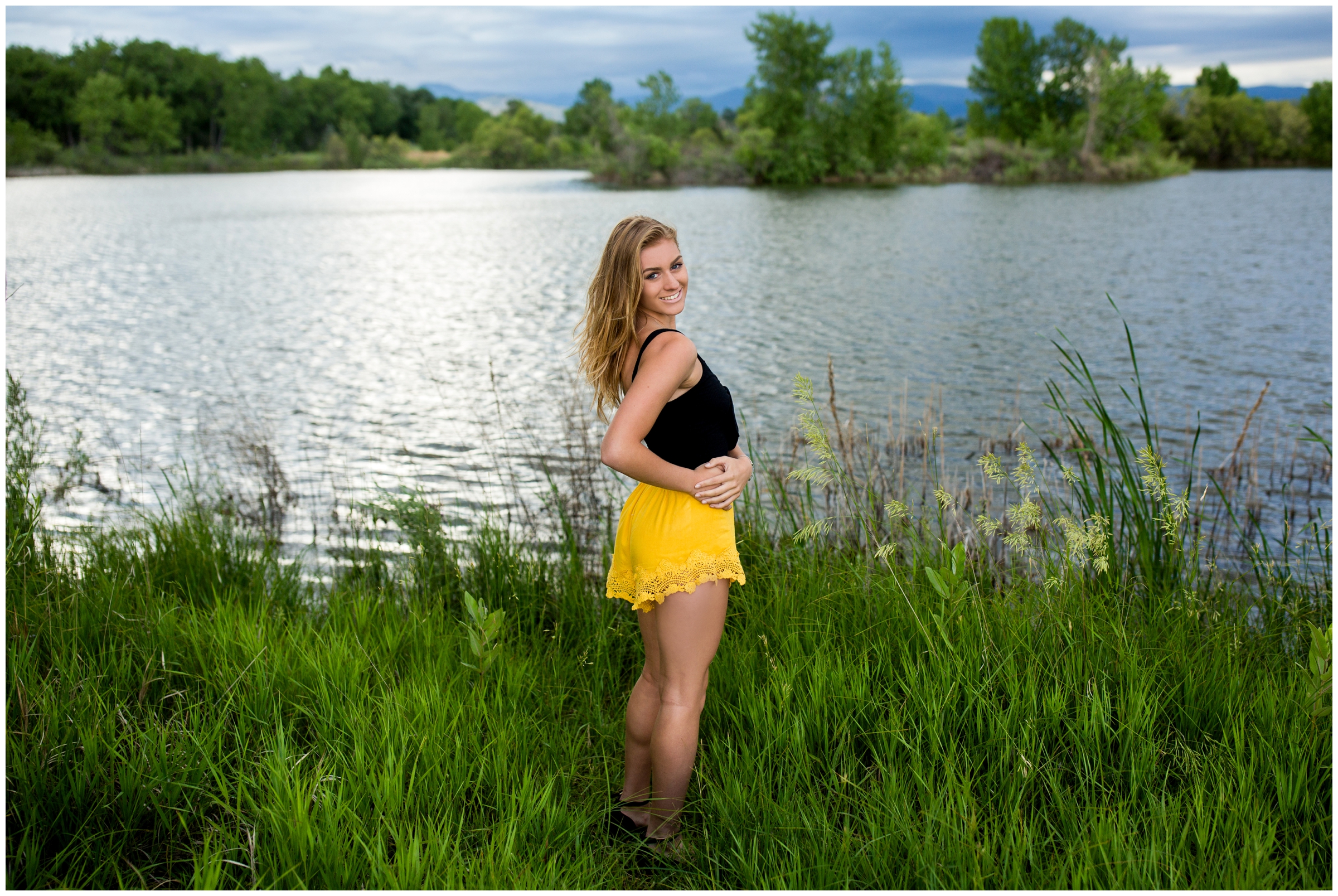 Frederick Colorado senior pictures at Golden Ponds by Longmont portrait photographer Plum Pretty Photography. Waterfall and lake senior photos inspiration.