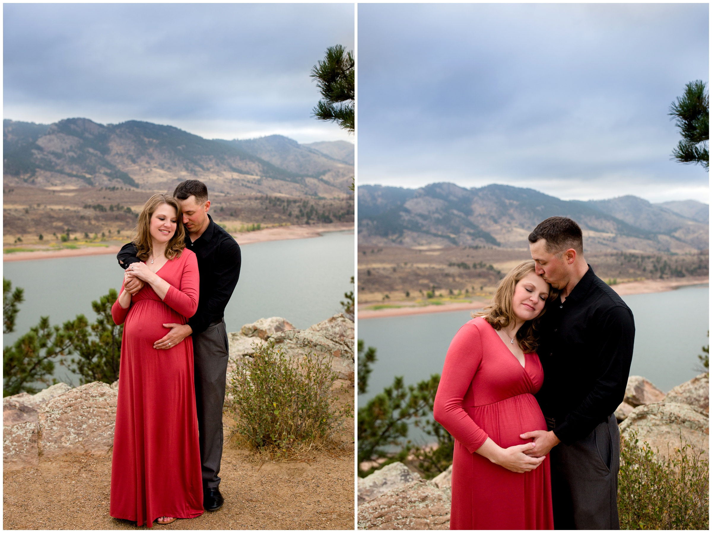 pregnant in salmon pink maternity dress at Fort Collins maternity photography session 