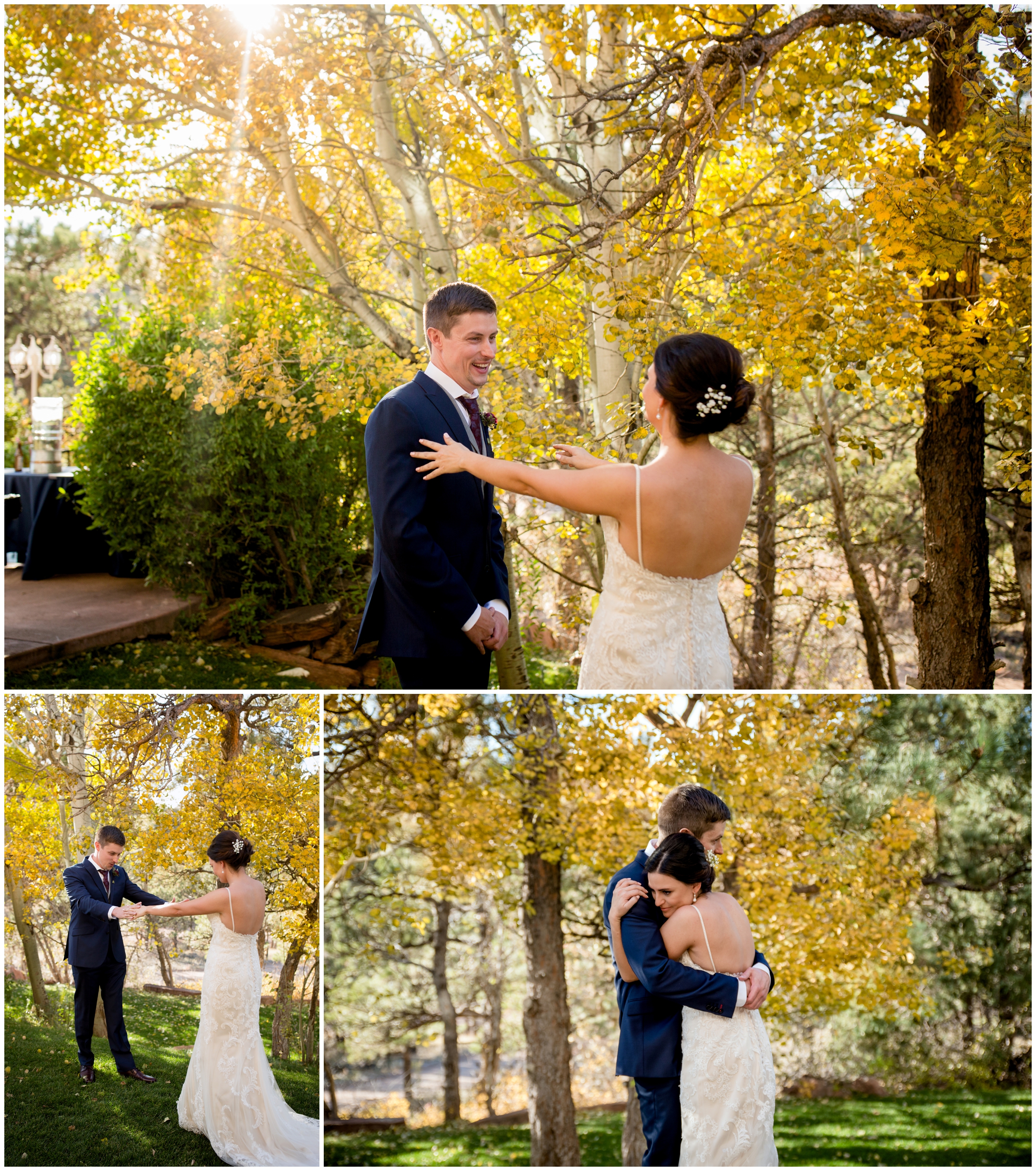 emotional first look at fall Lionscrest Manor Colorado wedding