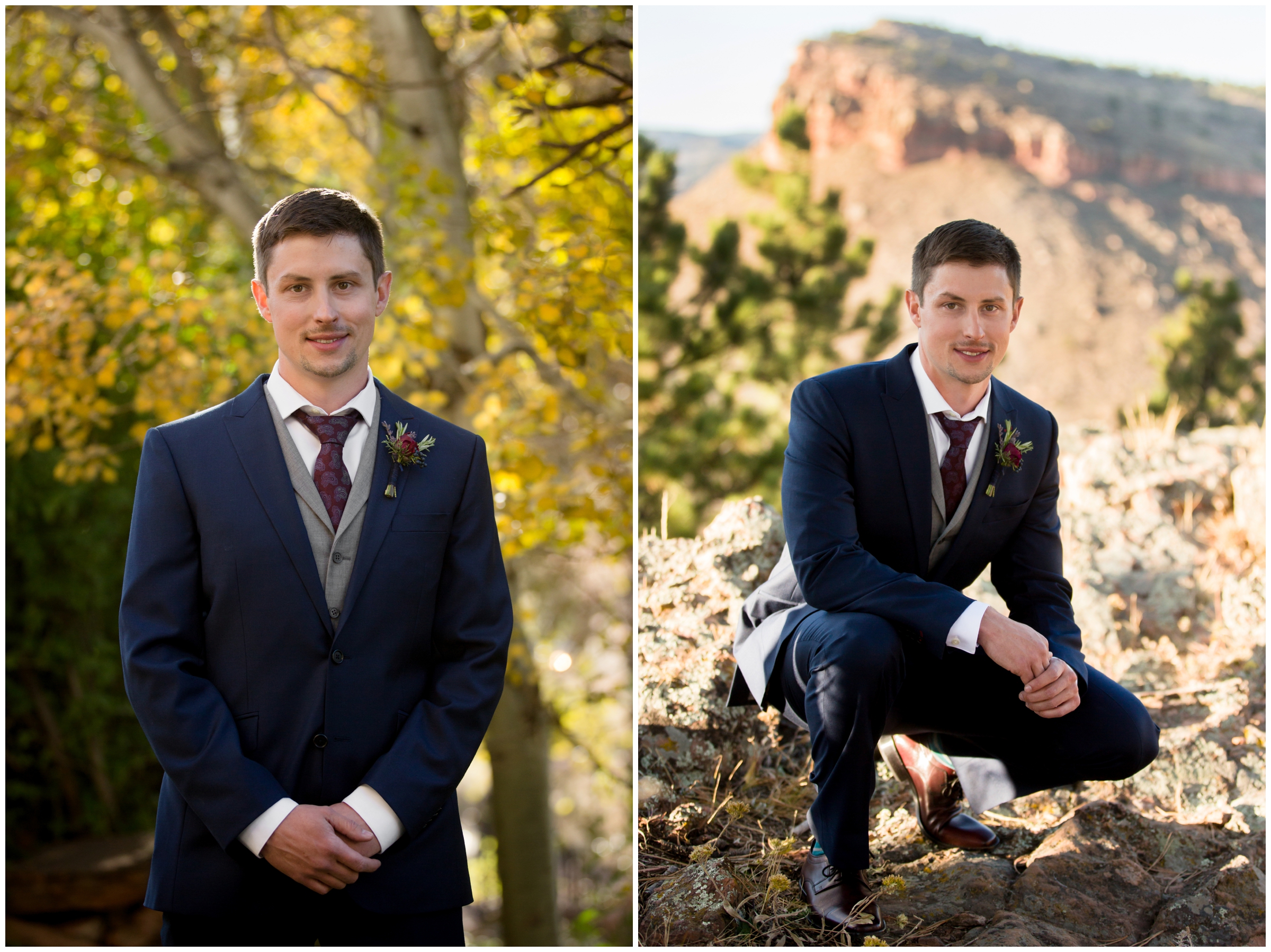 groom in blue suit and red tie at Lyons Colorado wedding 