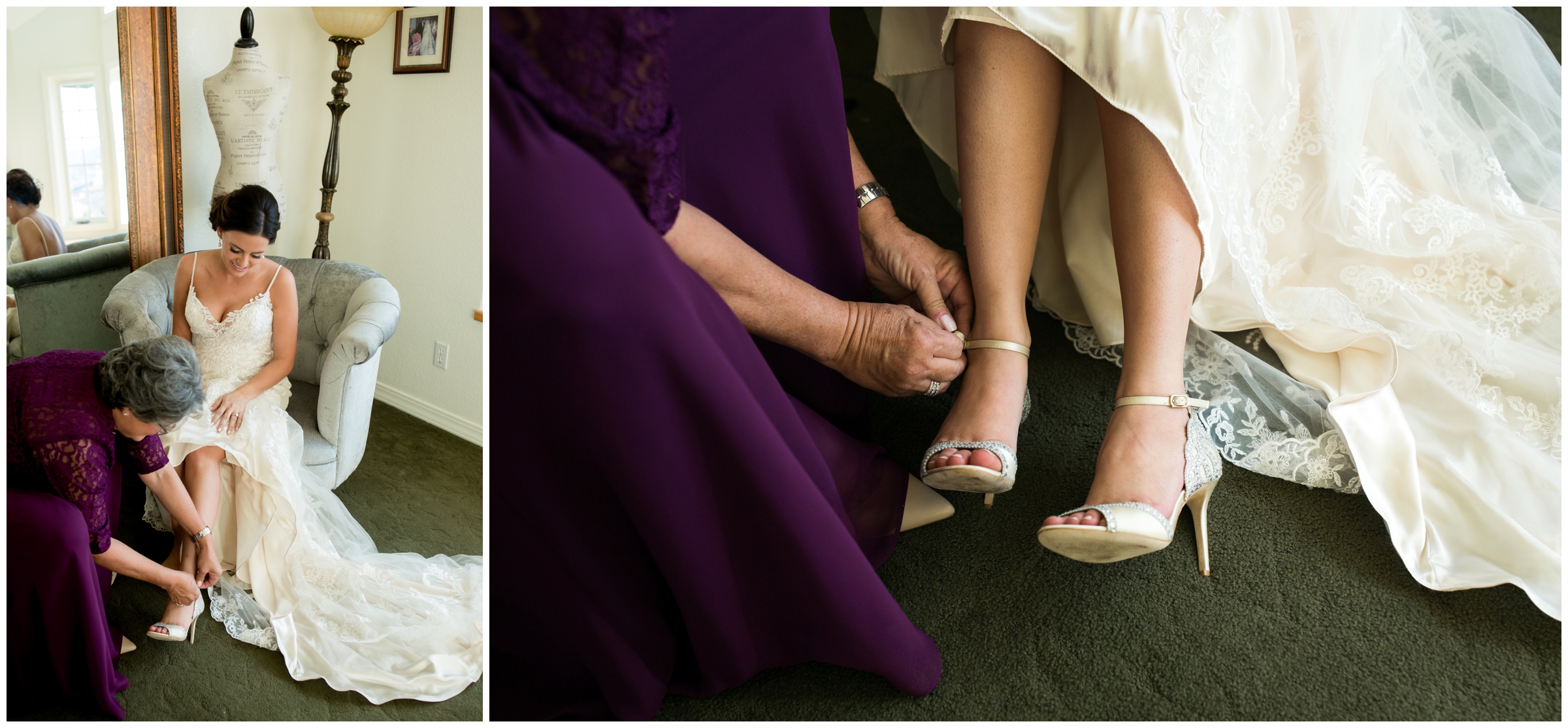 bride putting shoes on in Lionscrest Manor bridal suite 