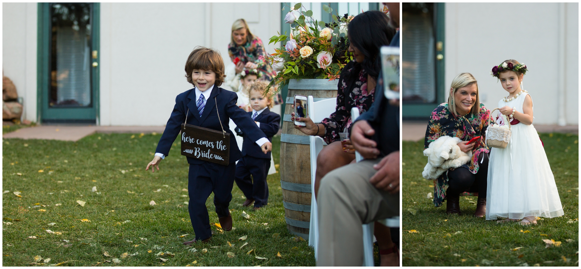 ring bearer running down the aisle at Lionscrest Colorado wedding ceremony 