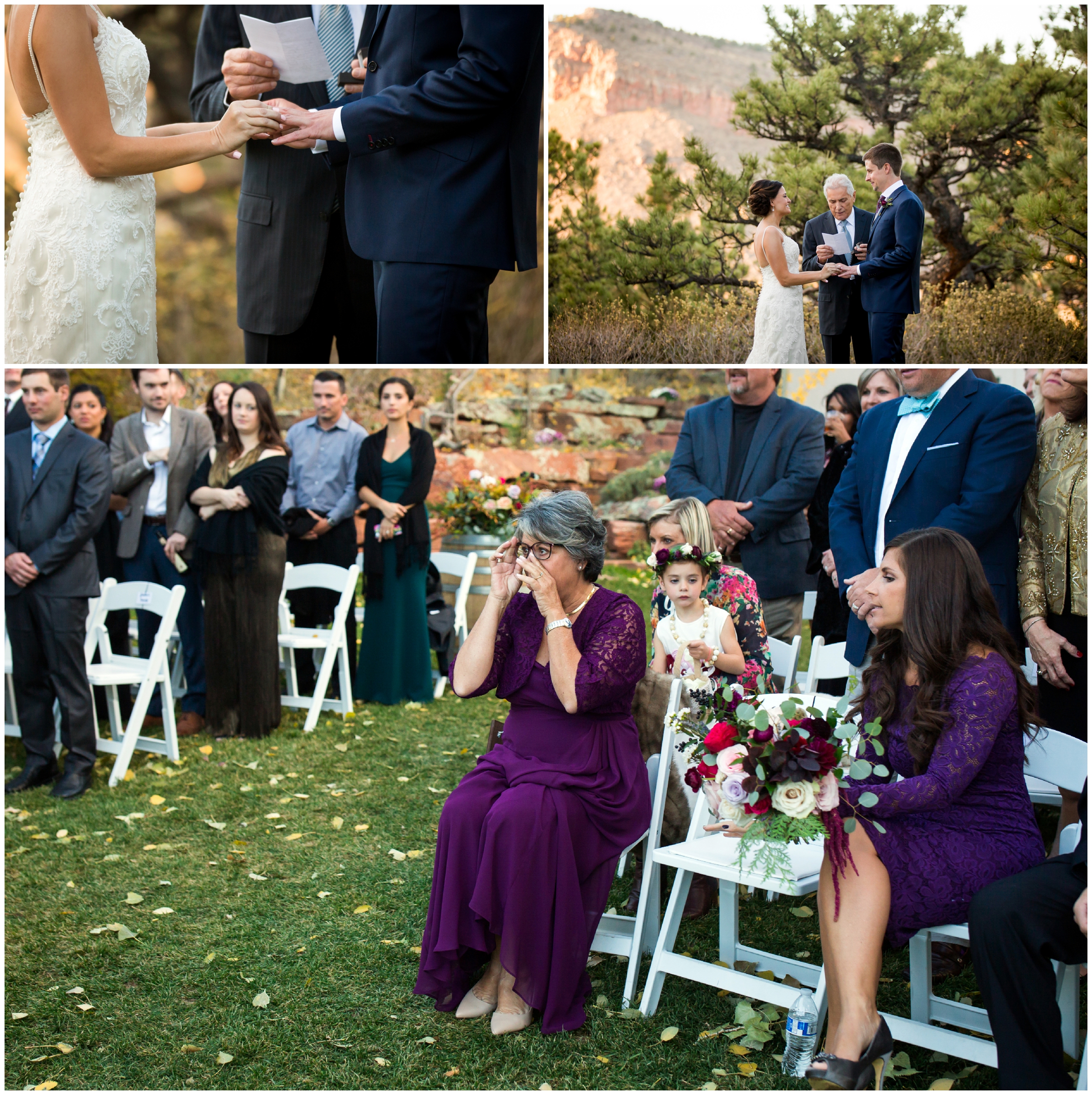 mother crying during Lyons Colorado fall wedding ceremony 