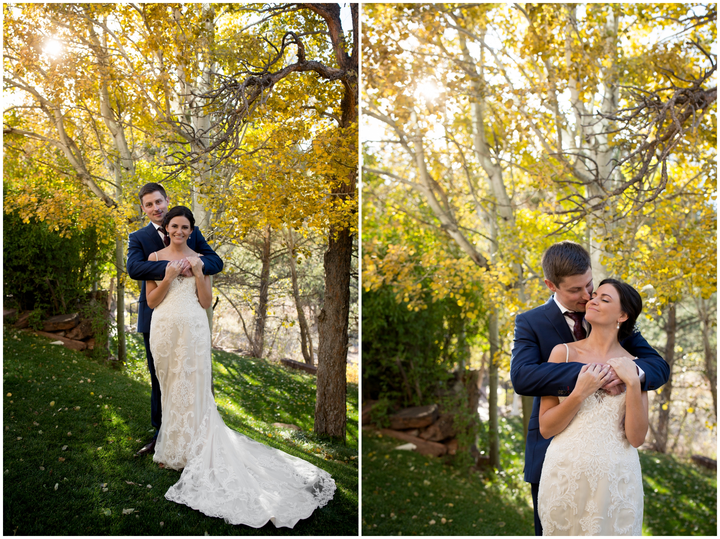 bride and groom hugging with aspen trees in background at Lionscrest Manor Colorado wedding 