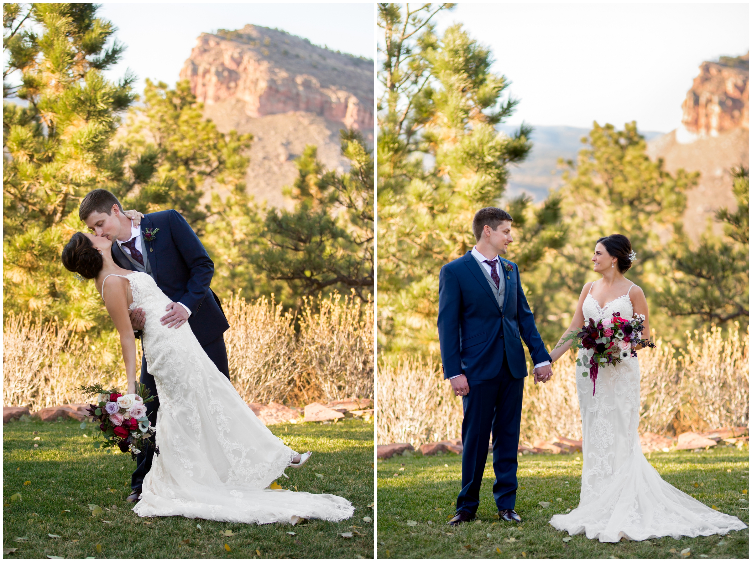 groom dipping bride with mountains in the background at Lionscrest Manor Colorado wedding 