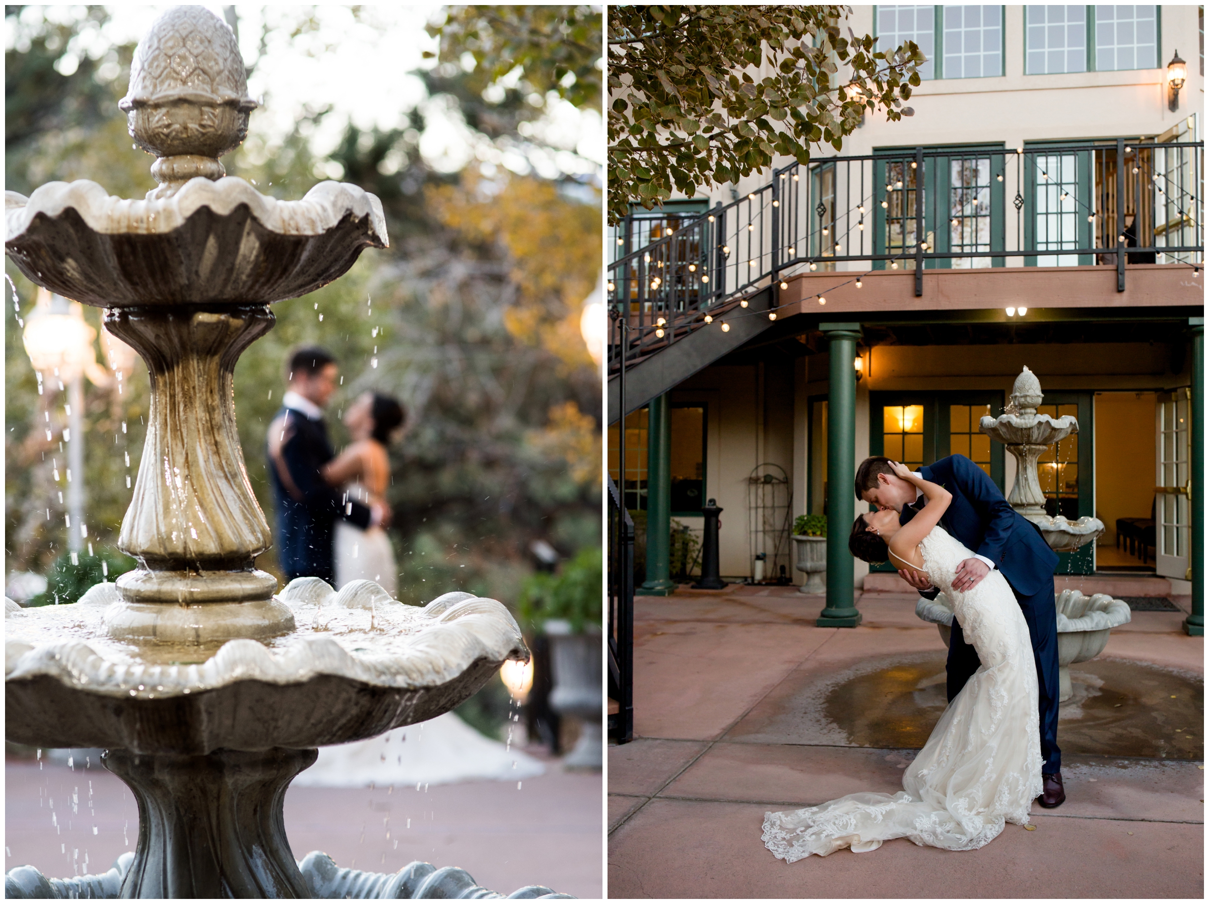 couple kissing by fountain at Lionscrest Manor wedding 