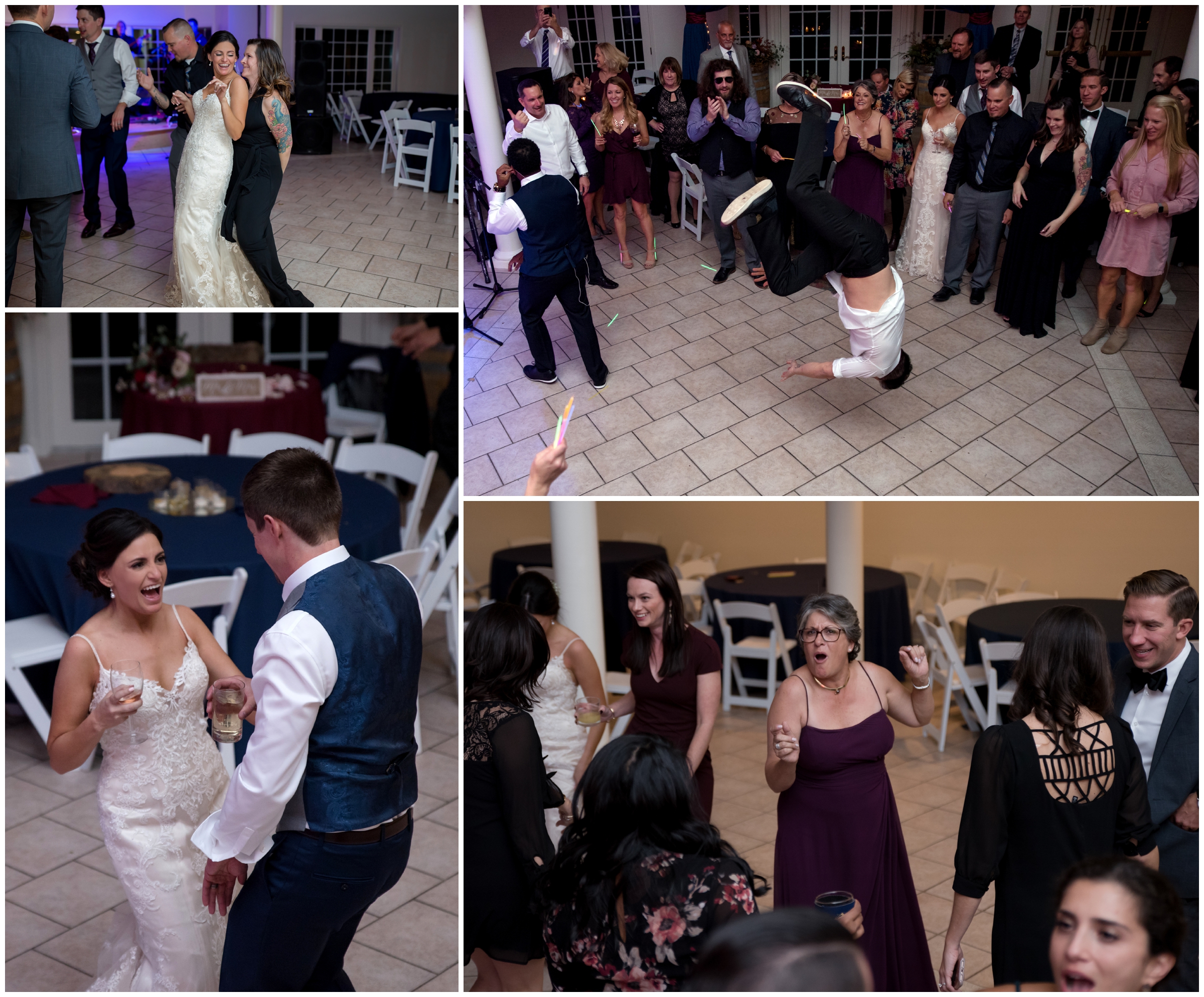 wedding guest doing flip on dance floor at Lionscrest Manor reception 