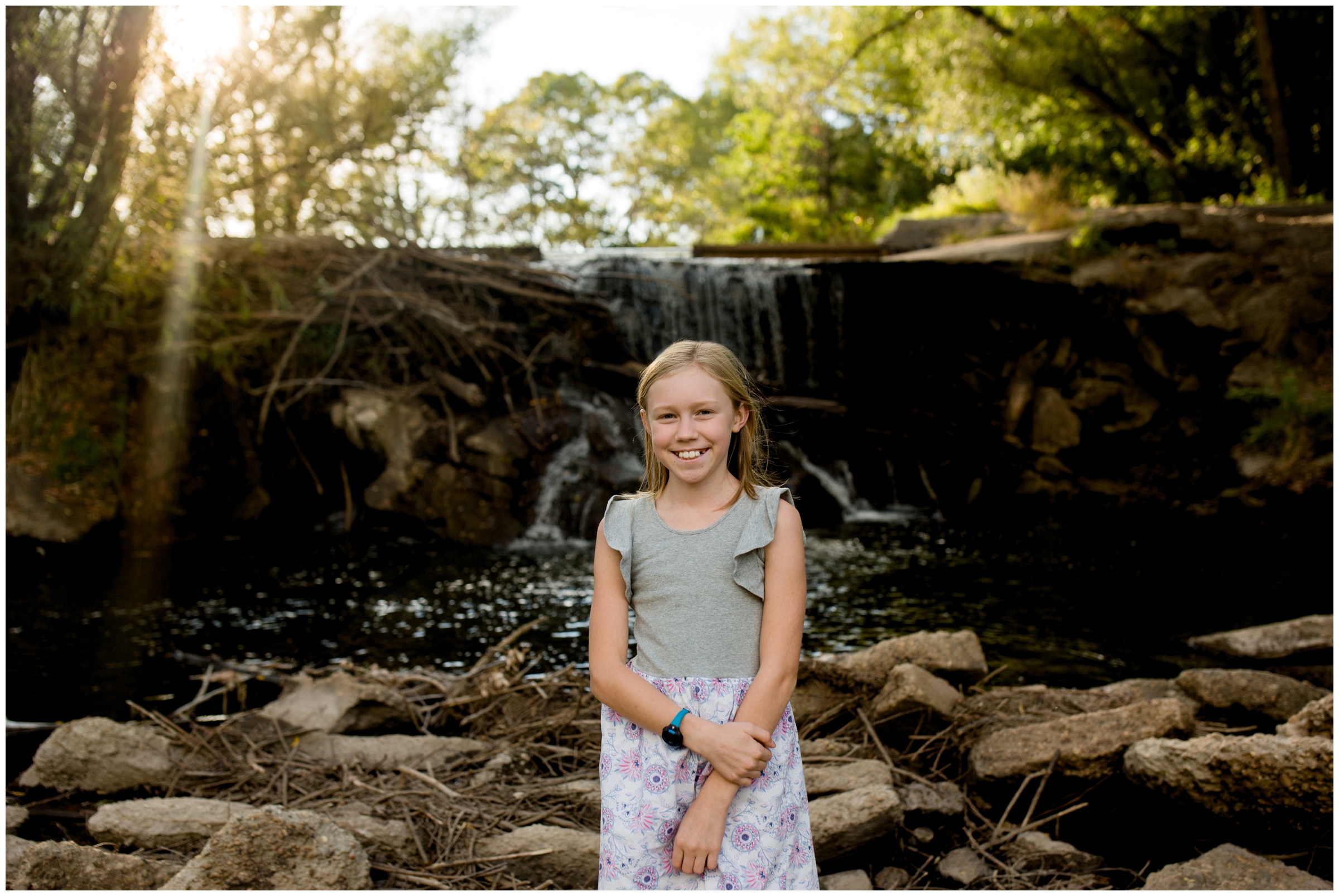 Longmont Colorado childrens photography at Golden Ponds waterfall 