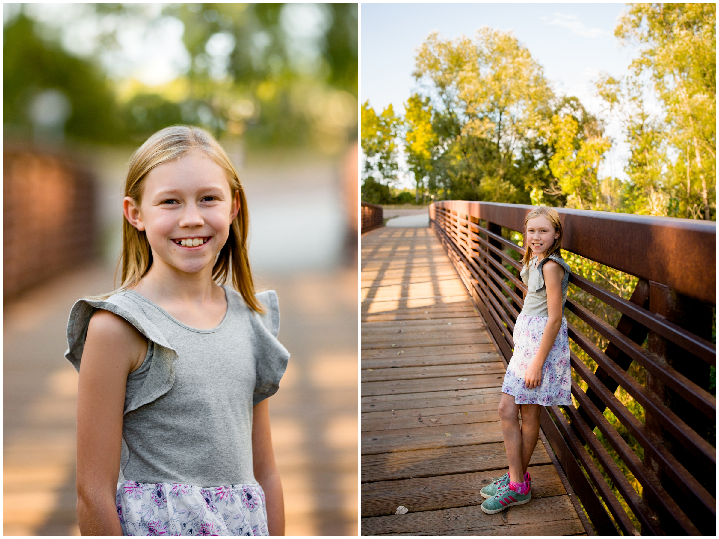 little girl posing on bridge during Longmont Colorado family portraits at Golden Ponds 