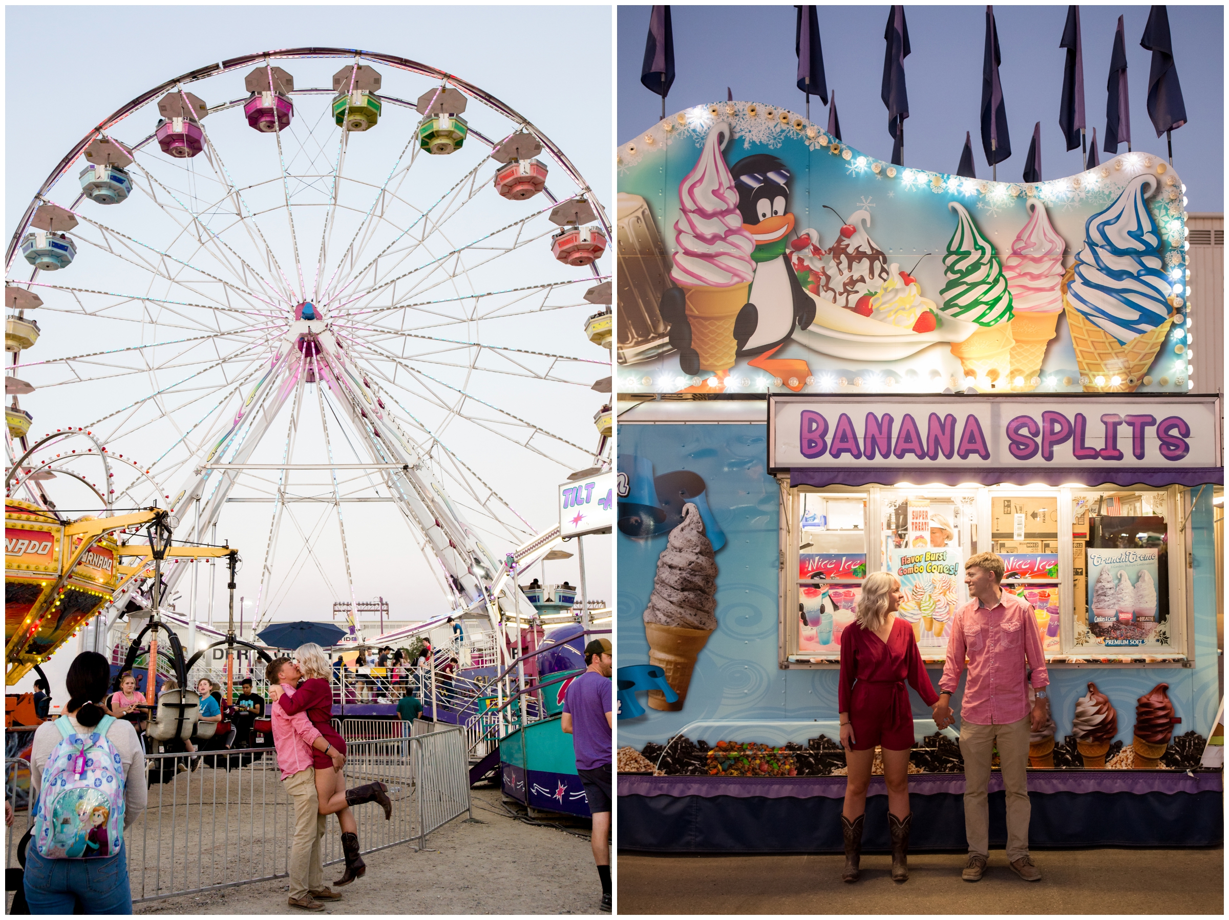 couple kissing in front of ferris wheel during Longmont engagement pictures at the fair