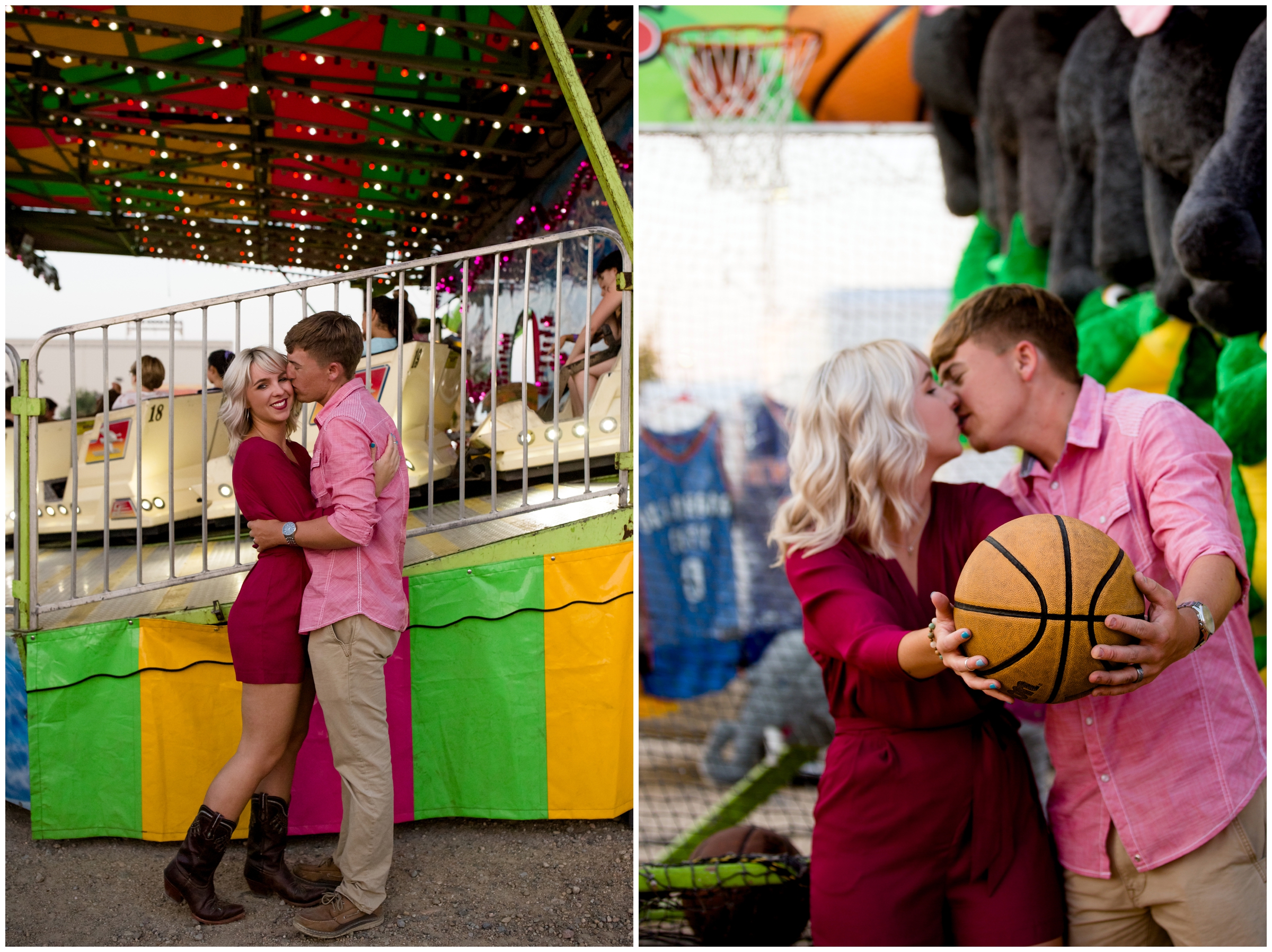 couple holding a basketball and kissing at Colorado carnival engagement photos 