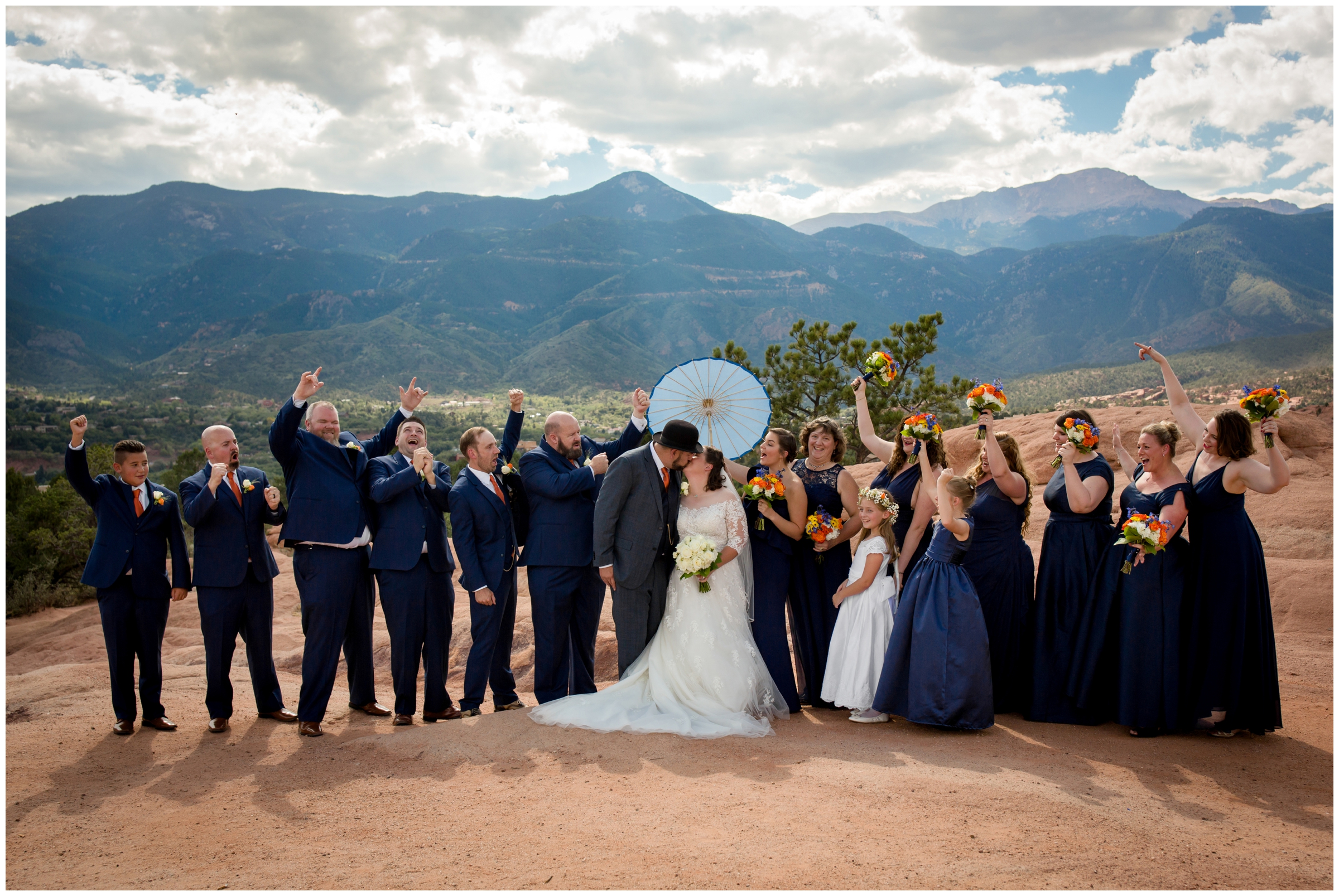 blue and orange bridal party at Garden of the Gods Colorado wedding