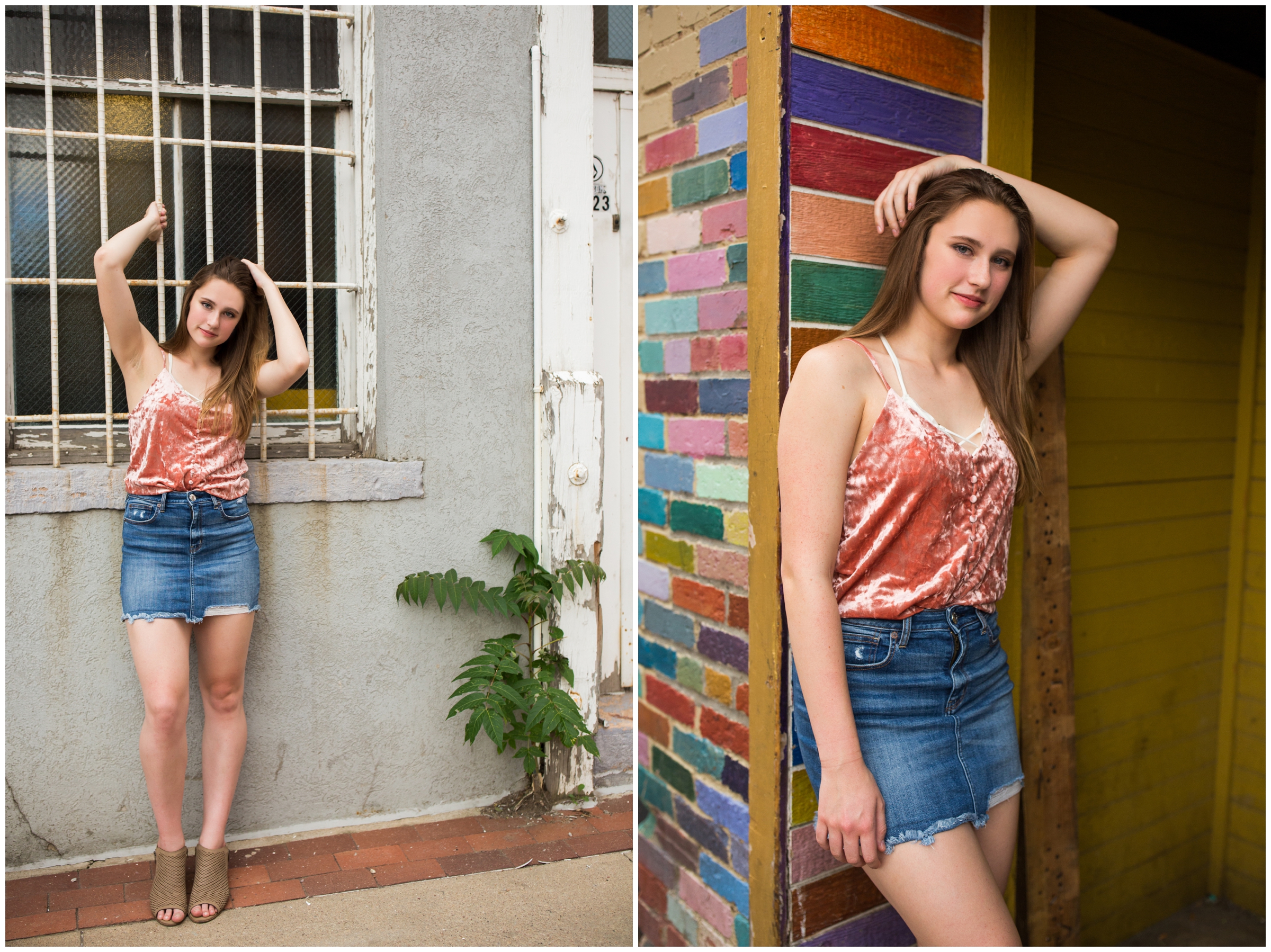 Boulder CO senior pictures in an alleyway near Pearl Street Mall