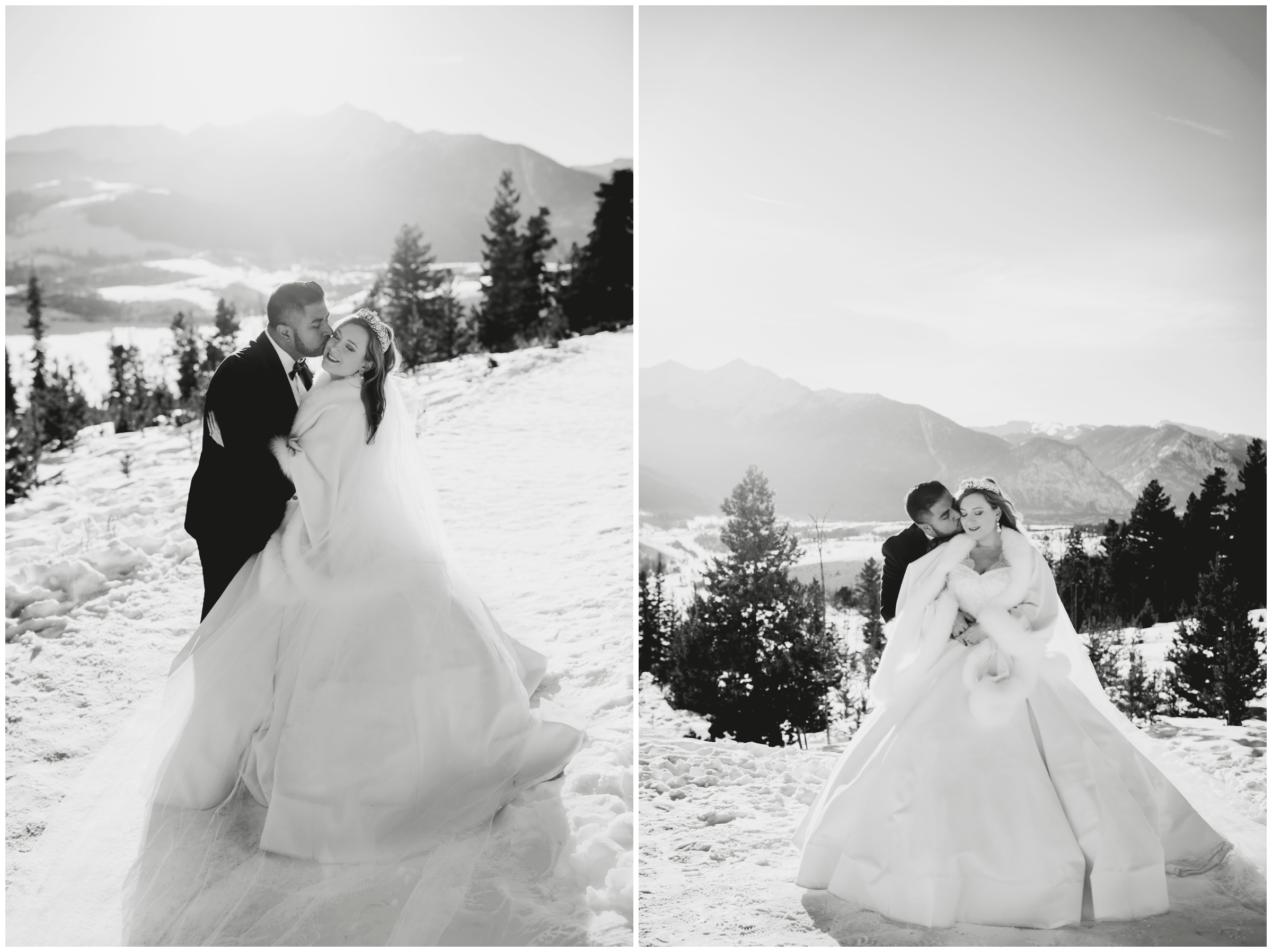 couple kissing in the snow with mountains in background at Colorado elopement at Sapphire Point Overlook Breckenridge 