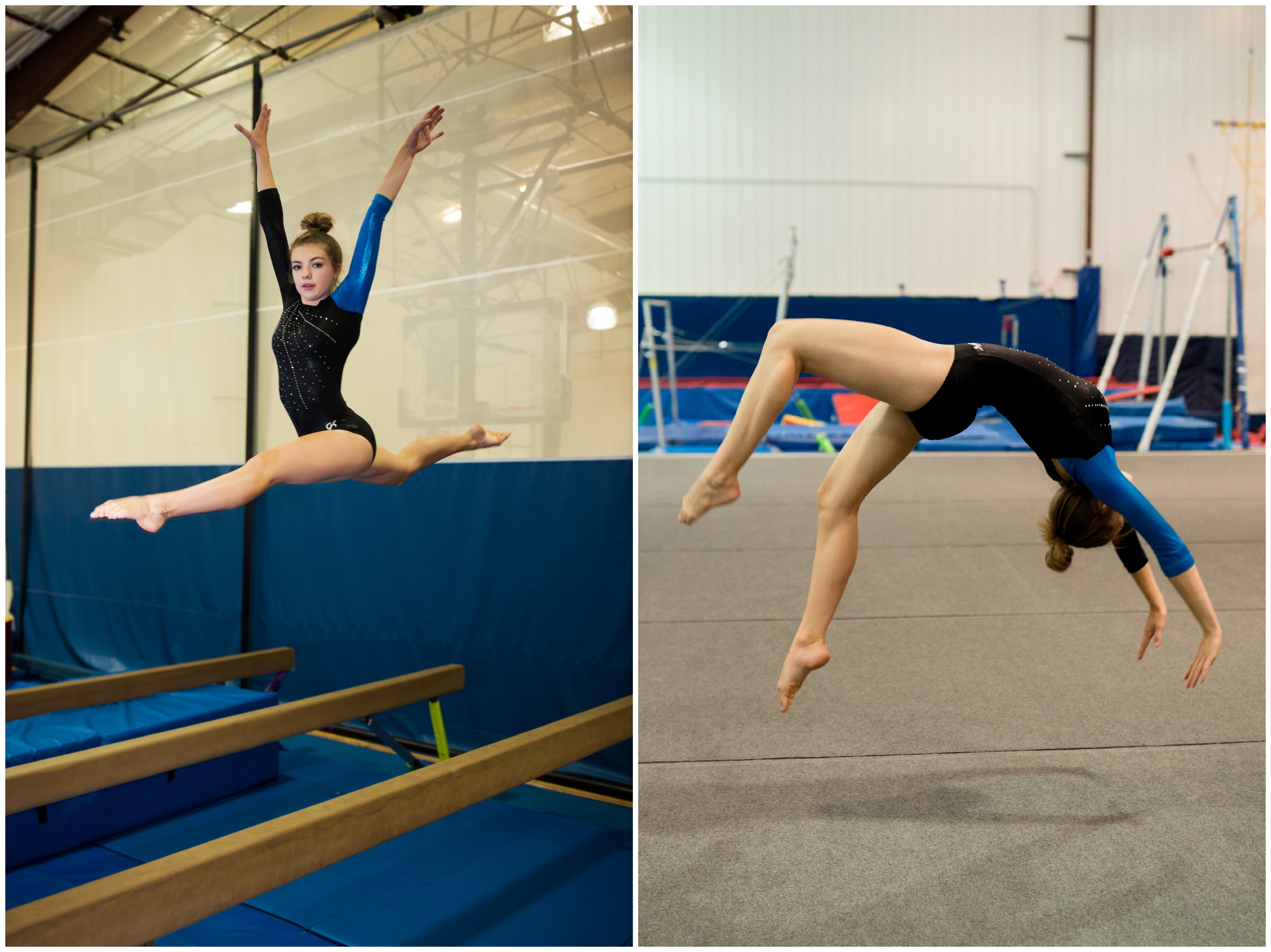 female gymnast doing leap on balance beam during Colorado gymnastics senior portraits 