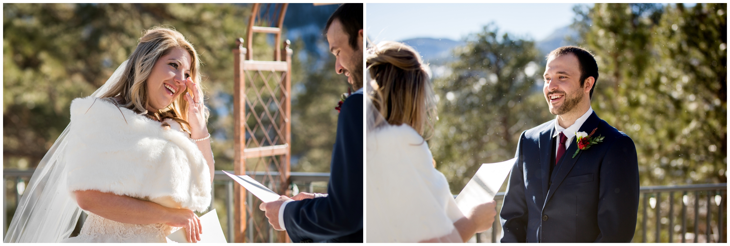couple reading vows during Estes Park Colorado winter elopement 