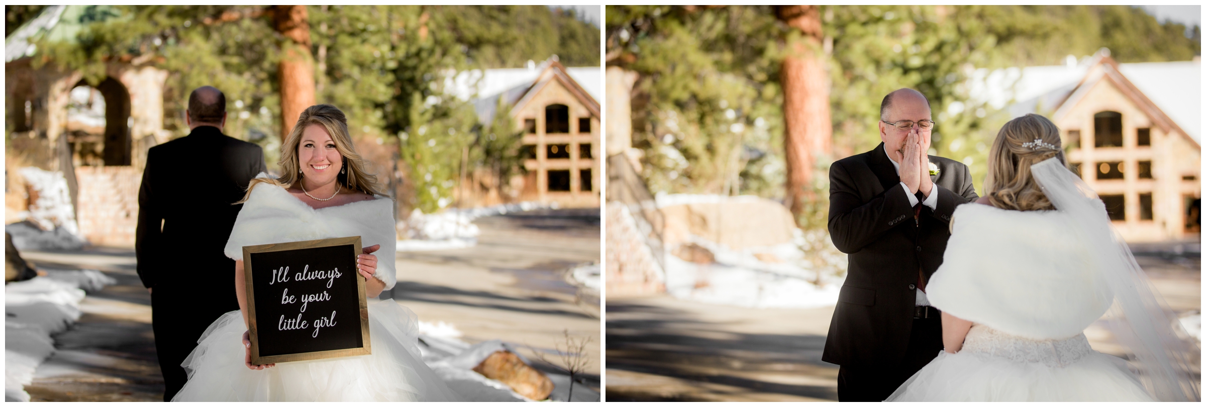 bride doing first look with her dad at Della Terra Mountain Chateau Estes Park wedding