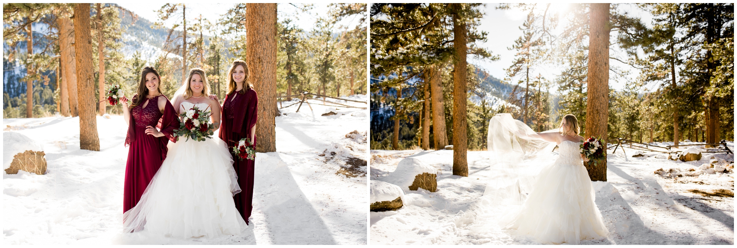 bridesmaids in red dresses in snow at Colorado winter wedding pictures