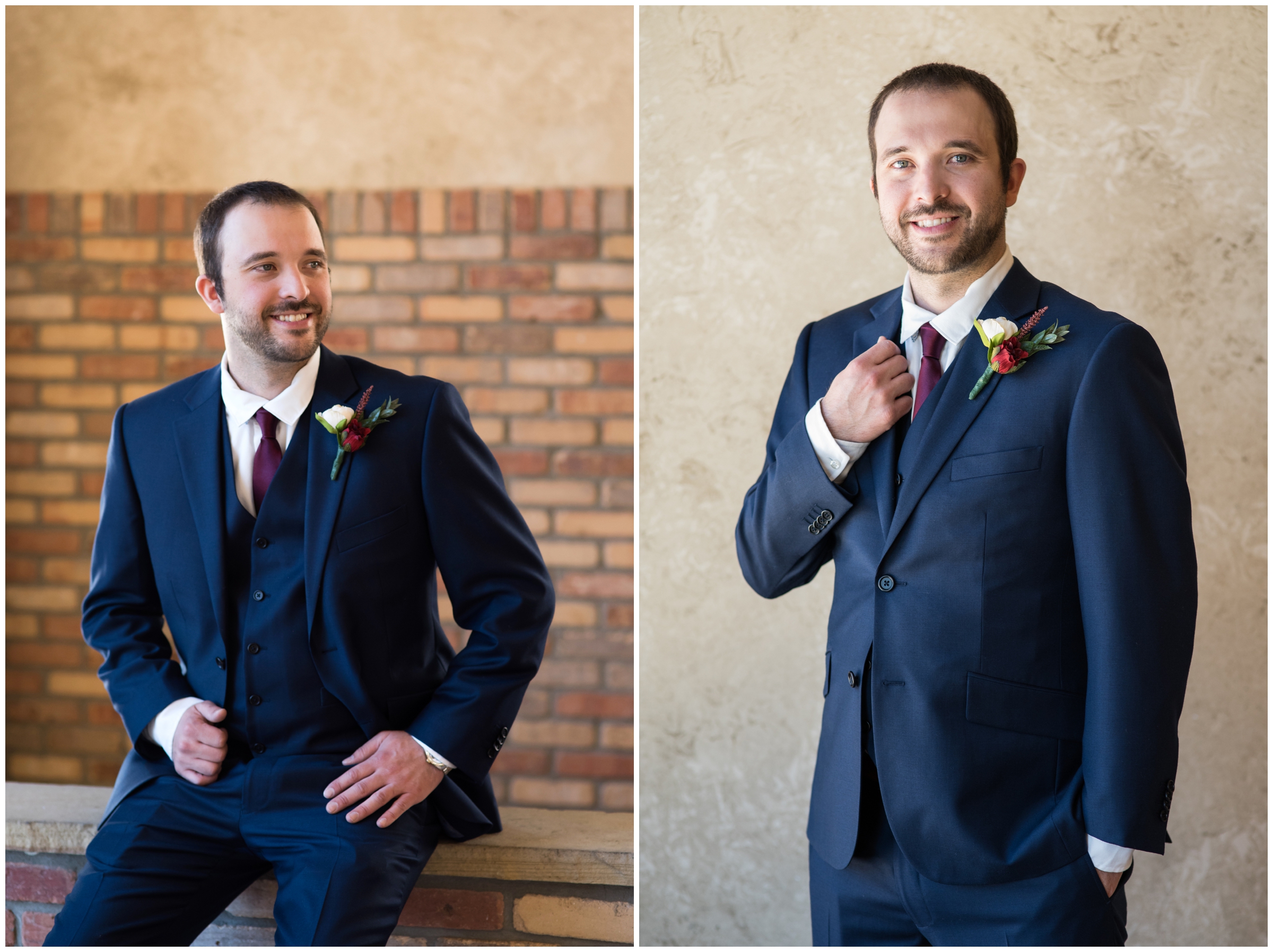 groom in navy blue suit posing at Della Terra Estes Park wedding pictures 