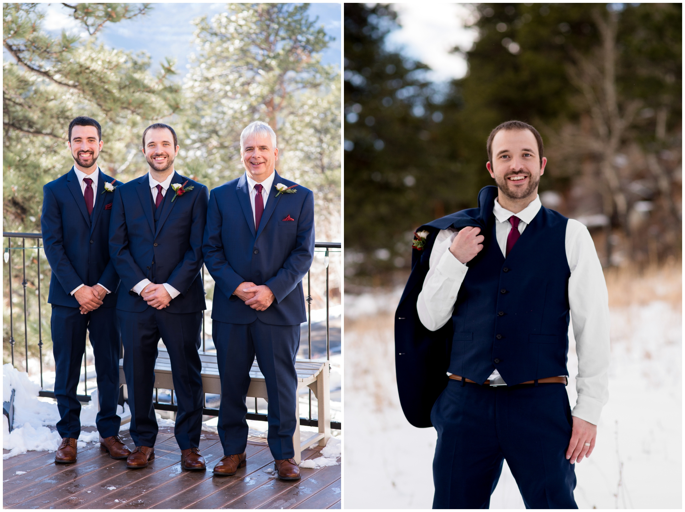groom with jacket over shoulder during Estes Park Colorado winter wedding photos 
