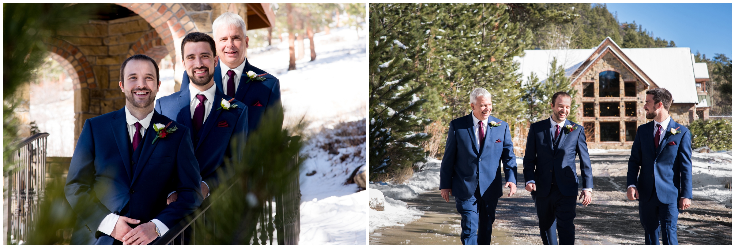 groomsmen in blue walking outside Della Terra Mountain Chateau