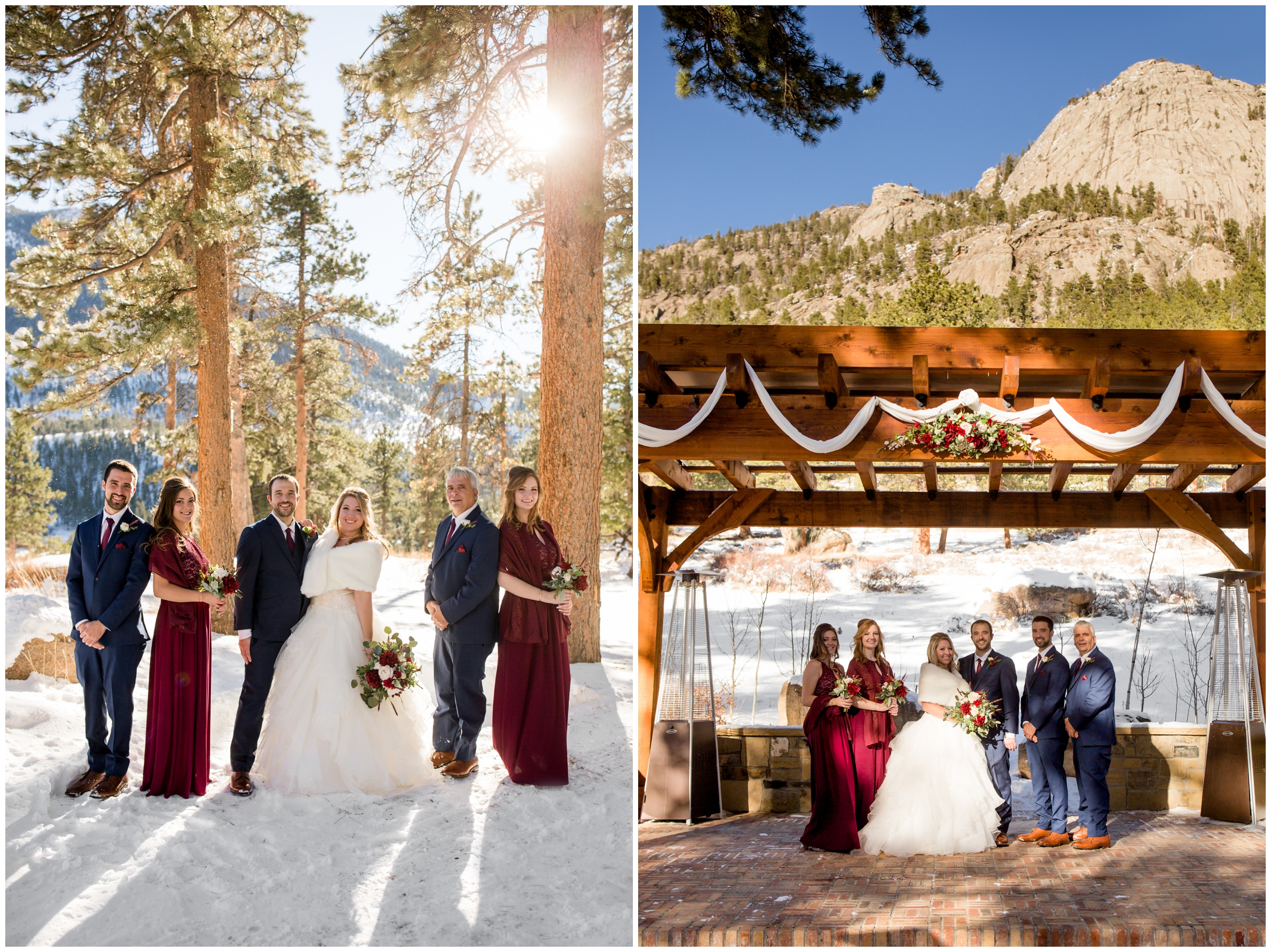 wedding party in navy and red at Estes Park winter wedding 