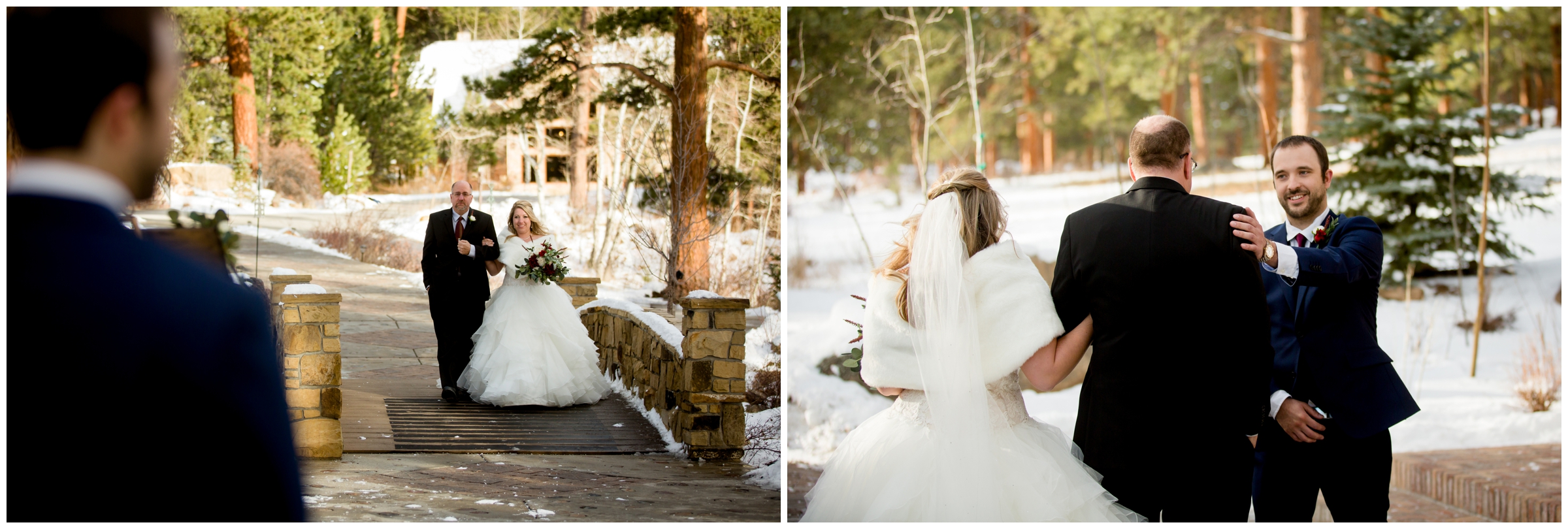 bride walking down aisle at Della Terra Colorado outdoor winter wedding ceremony 