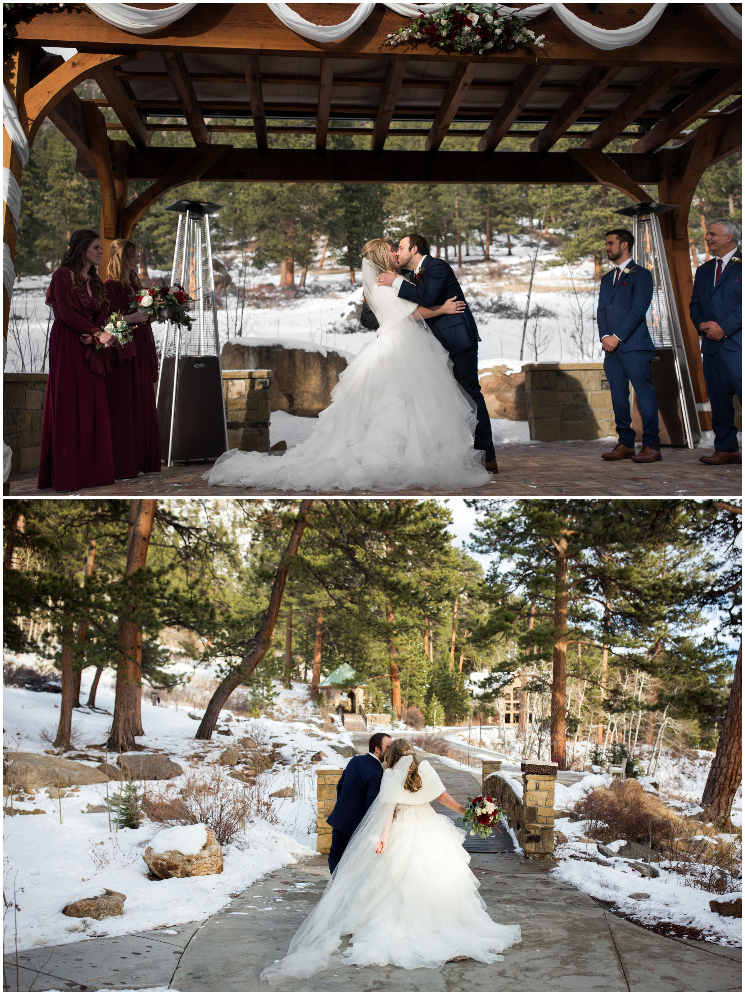 first kiss at outdoor winter wedding ceremony in Estes Park Colorado 