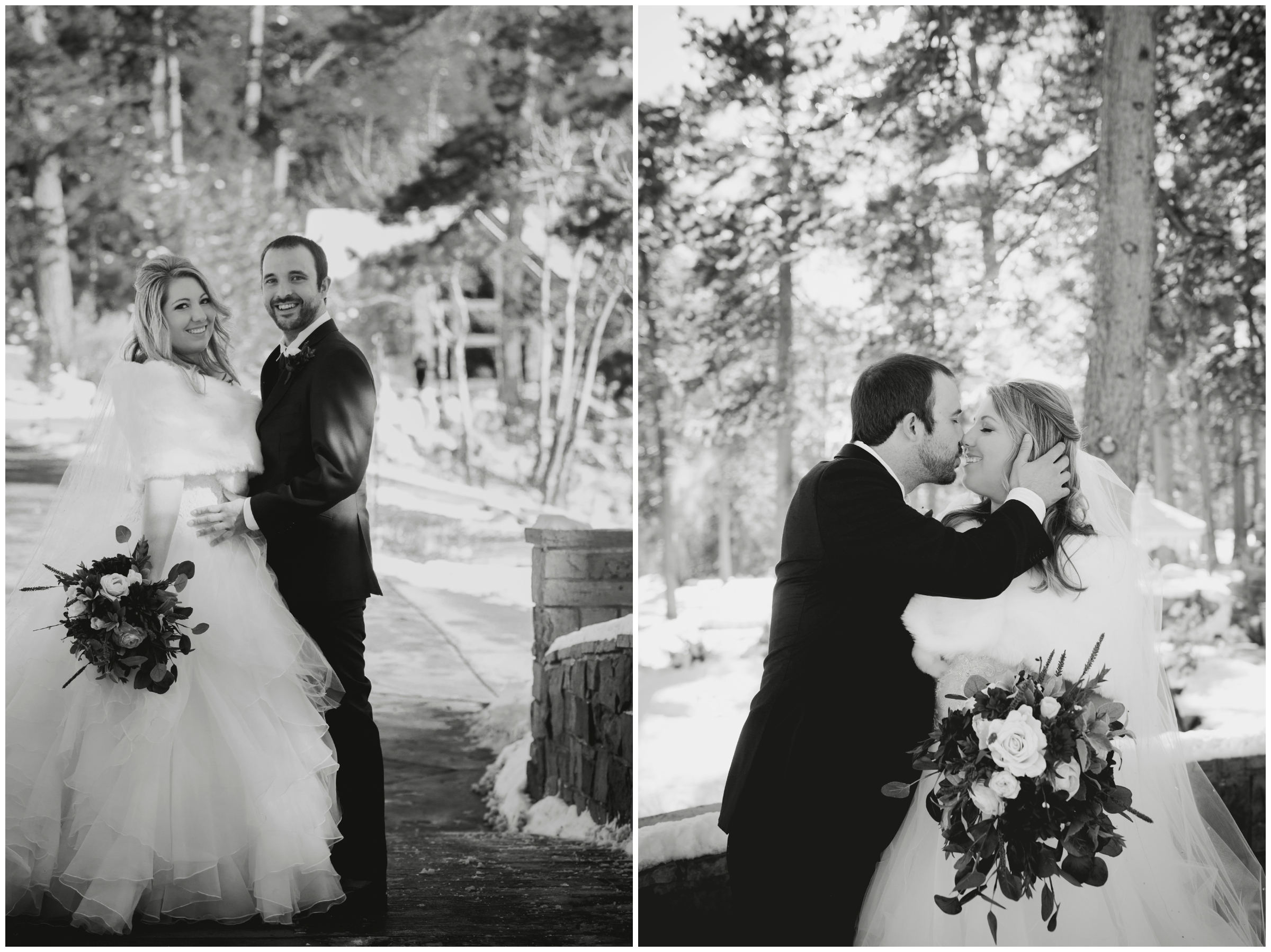 couple posing on bridge during Estes Park Colorado winter wedding