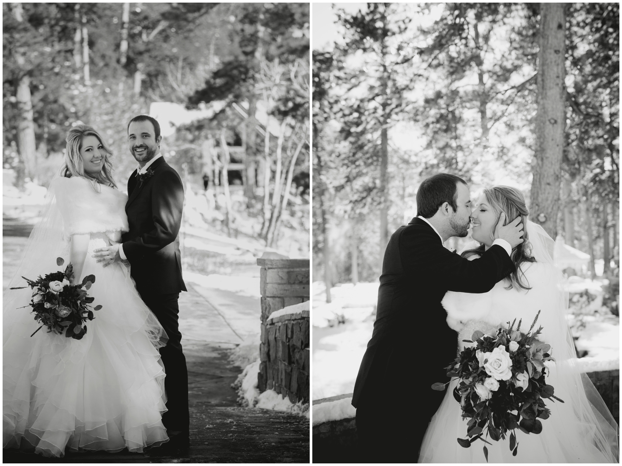 couple posing on bridge during Estes Park Colorado winter wedding 