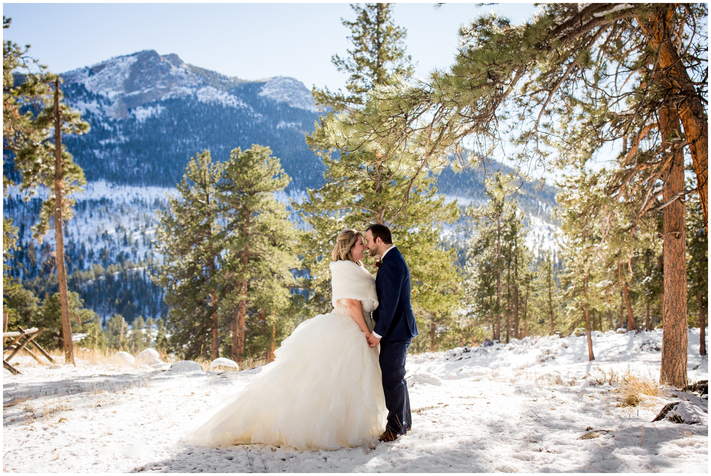 snowy winter Della Terra wedding photos by Estes Park Colorado photographer Plum Pretty Photography