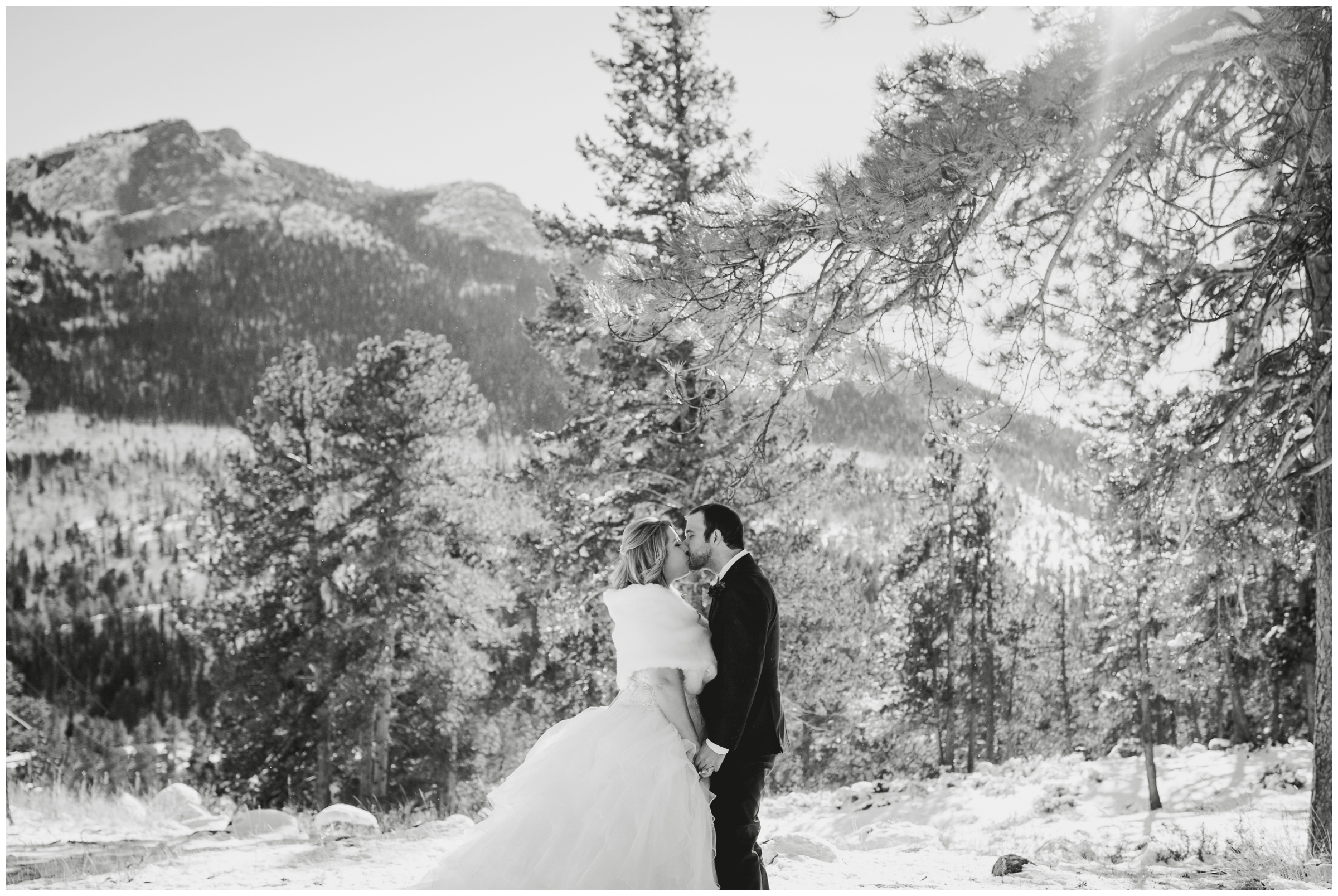 snowy Estes Park Colorado winter wedding photography at Della Terra Mountain Chateau