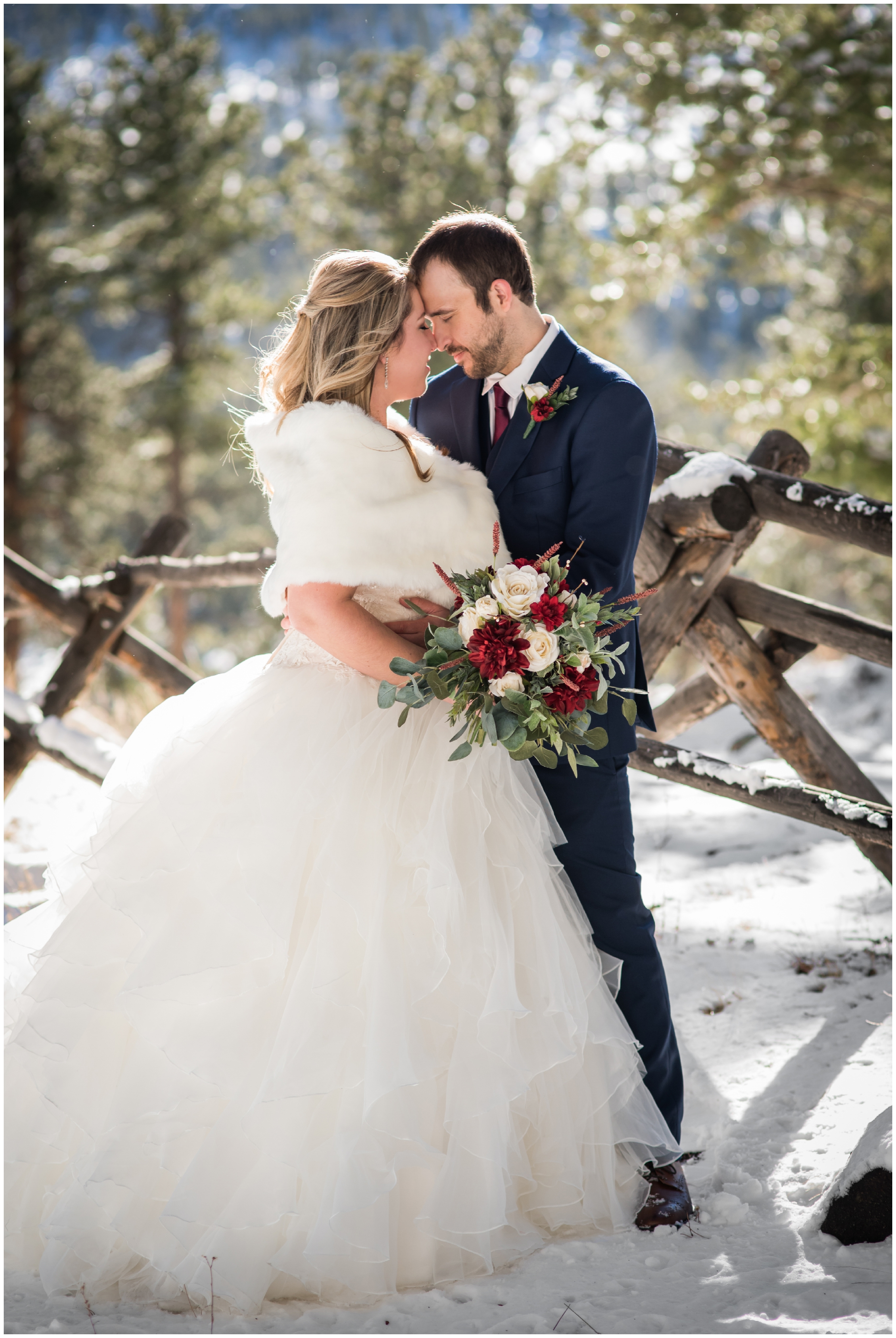 snowy Estes Park Colorado winter wedding photos at Della Terra Mountain Chateau