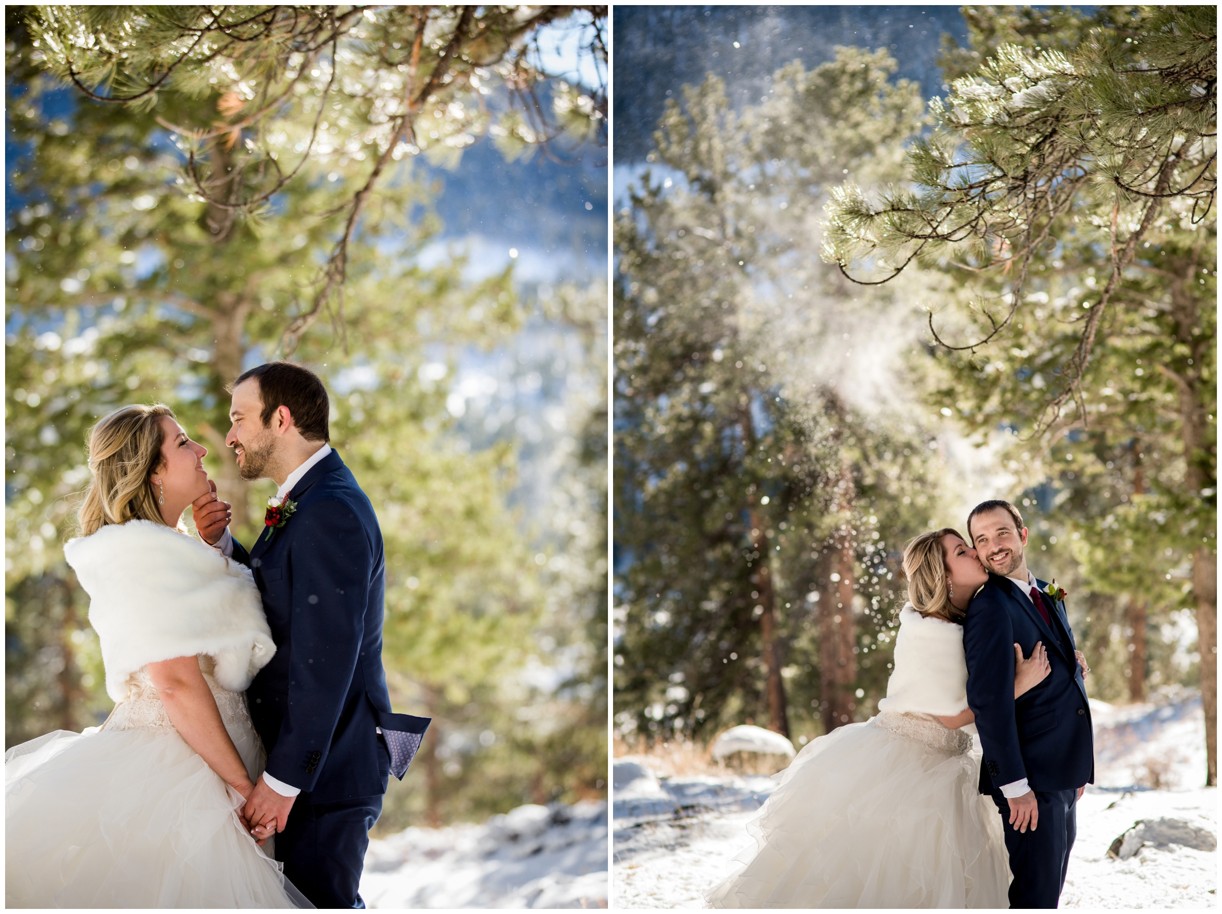 Della Terra wedding photos by award-winning Estes Park Colorado photographer Plum Pretty Photography. Snowy CO winter wedding in mountains with red details.