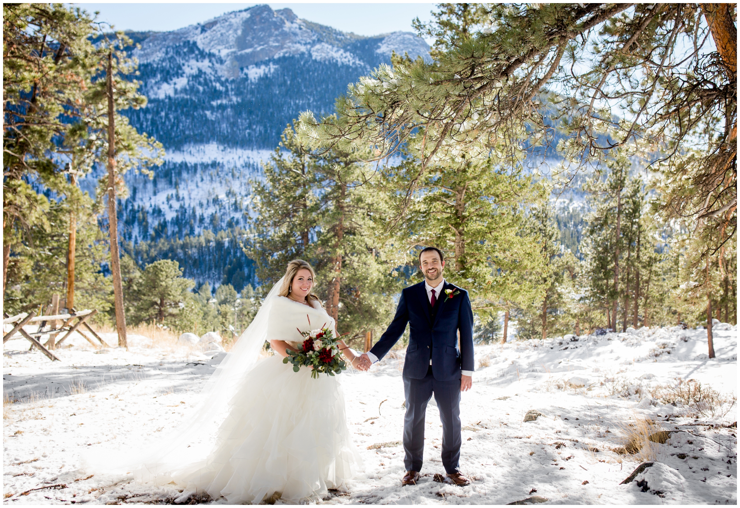 bride and groom posing in snow at best Estes Park Colorado wedding venue Della Terra Mountain Chateau 