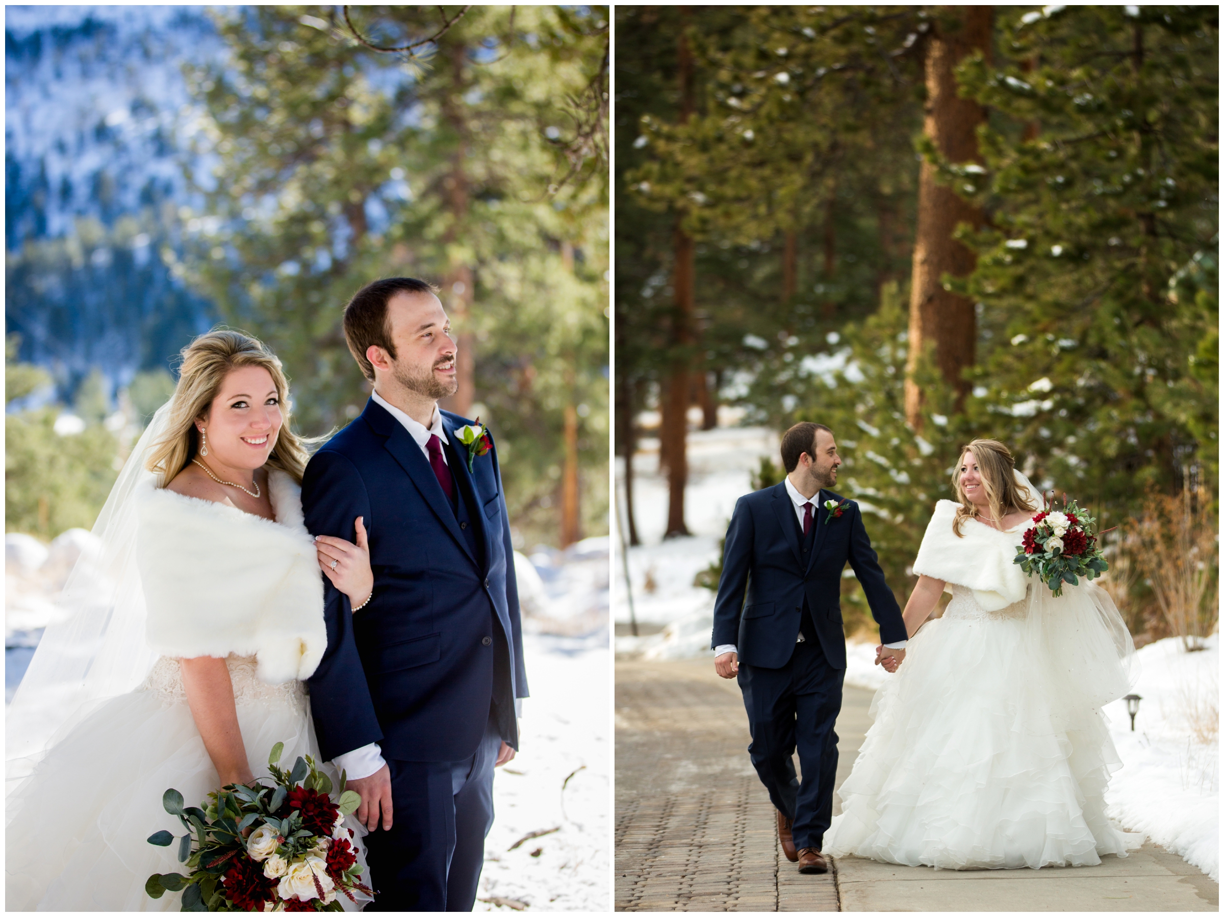 bride and groom walking with snowy trees in background at Estes Park Colorado wedding