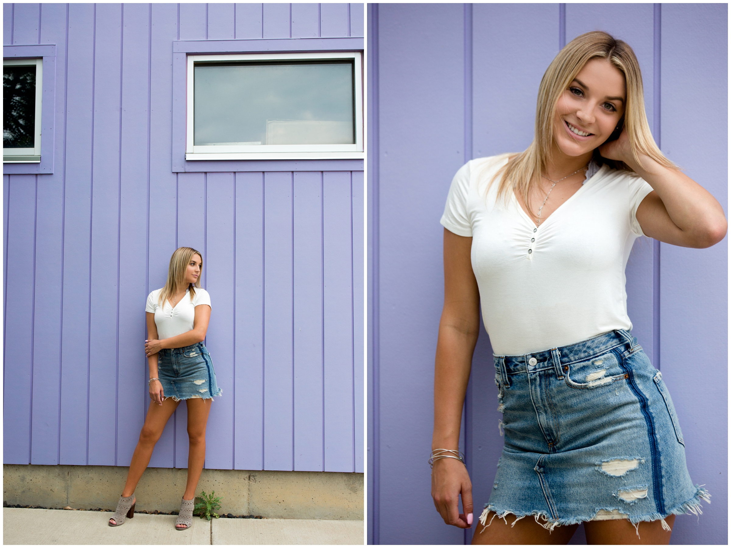 teen posing against light purple wall during Longmont colorado senior photography session 