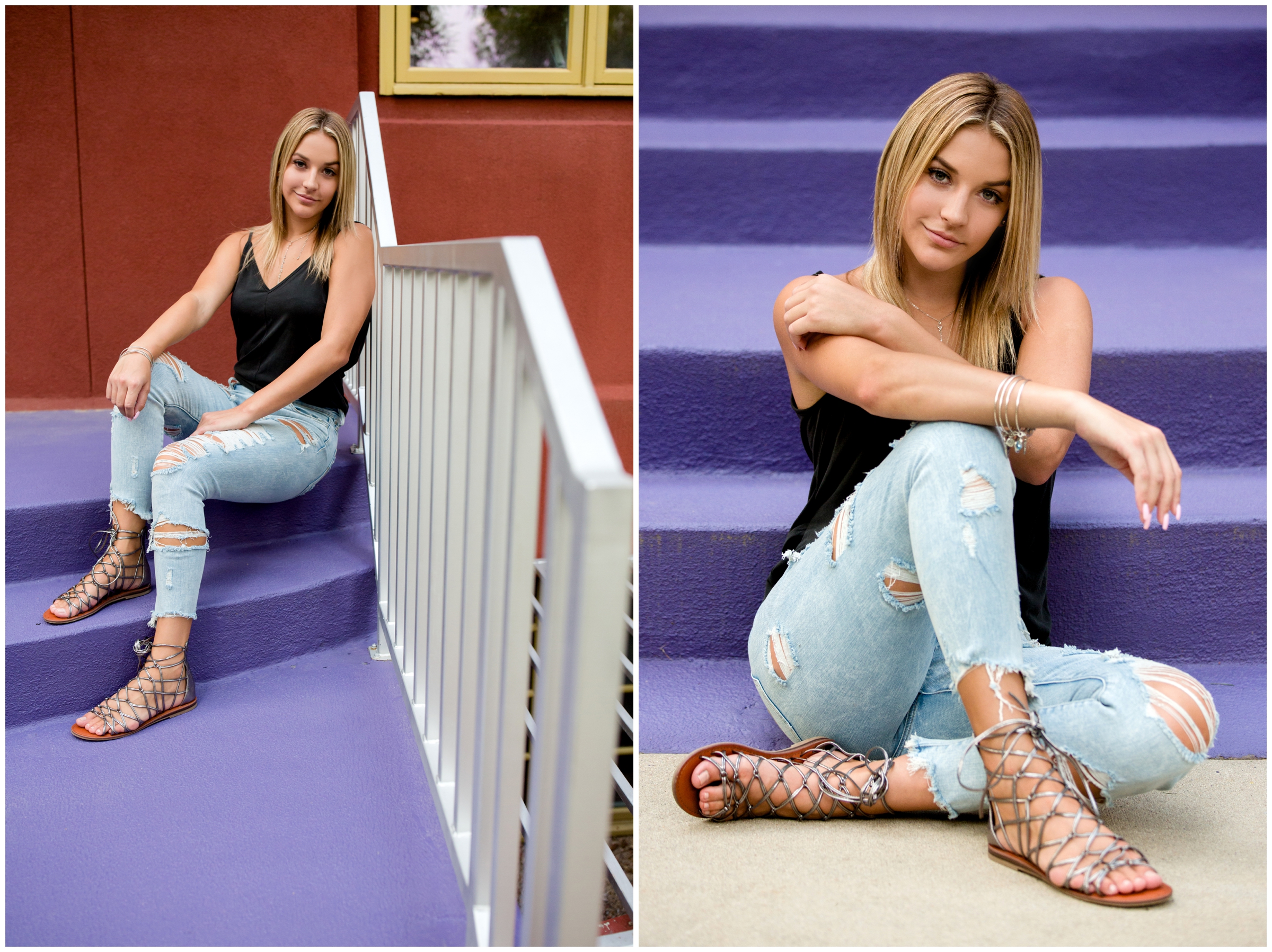 girl sitting on purple stairs at urban Colorado senior photography session 
