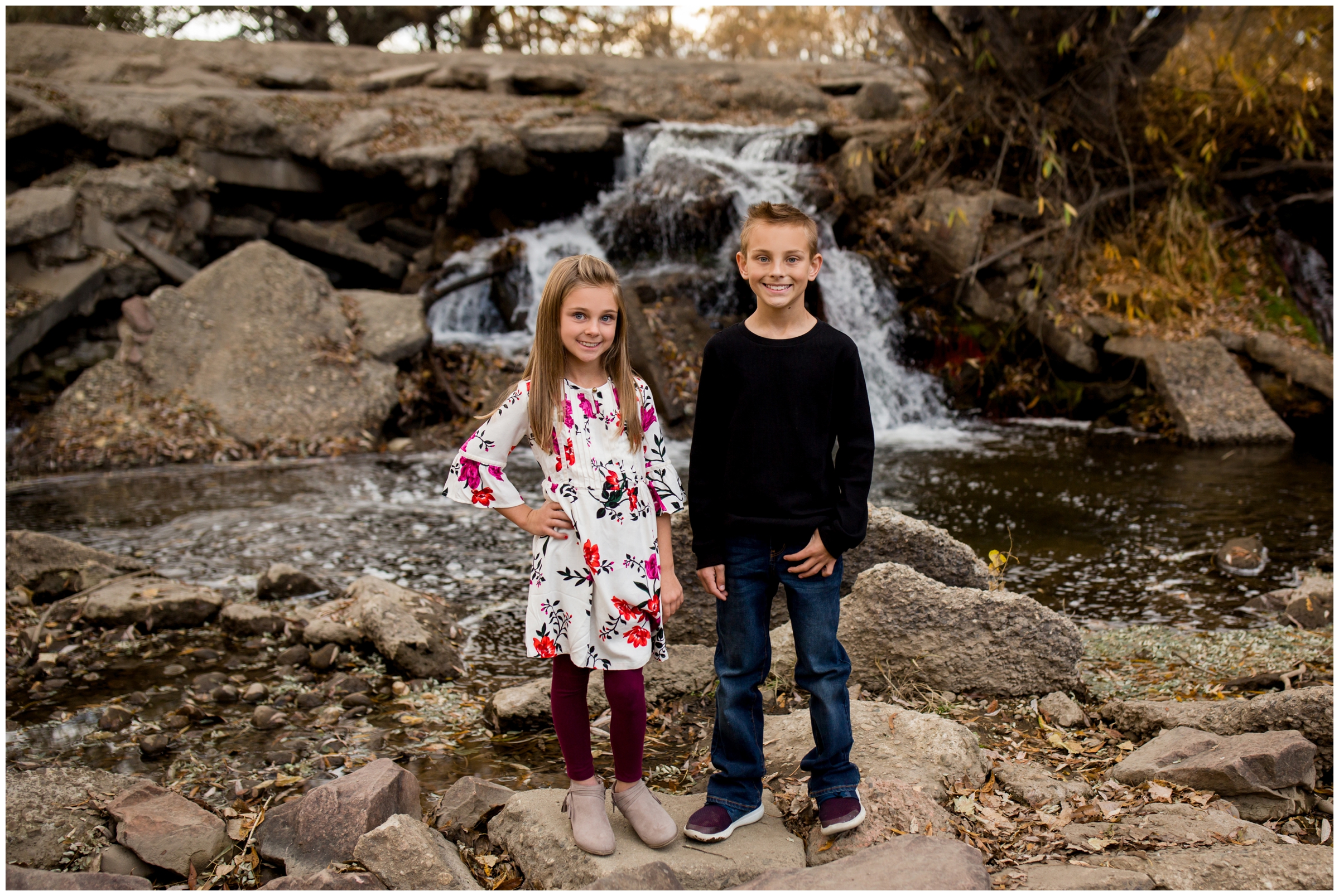Colorado fall family pictures at Golden Ponds Longmont waterfall 
